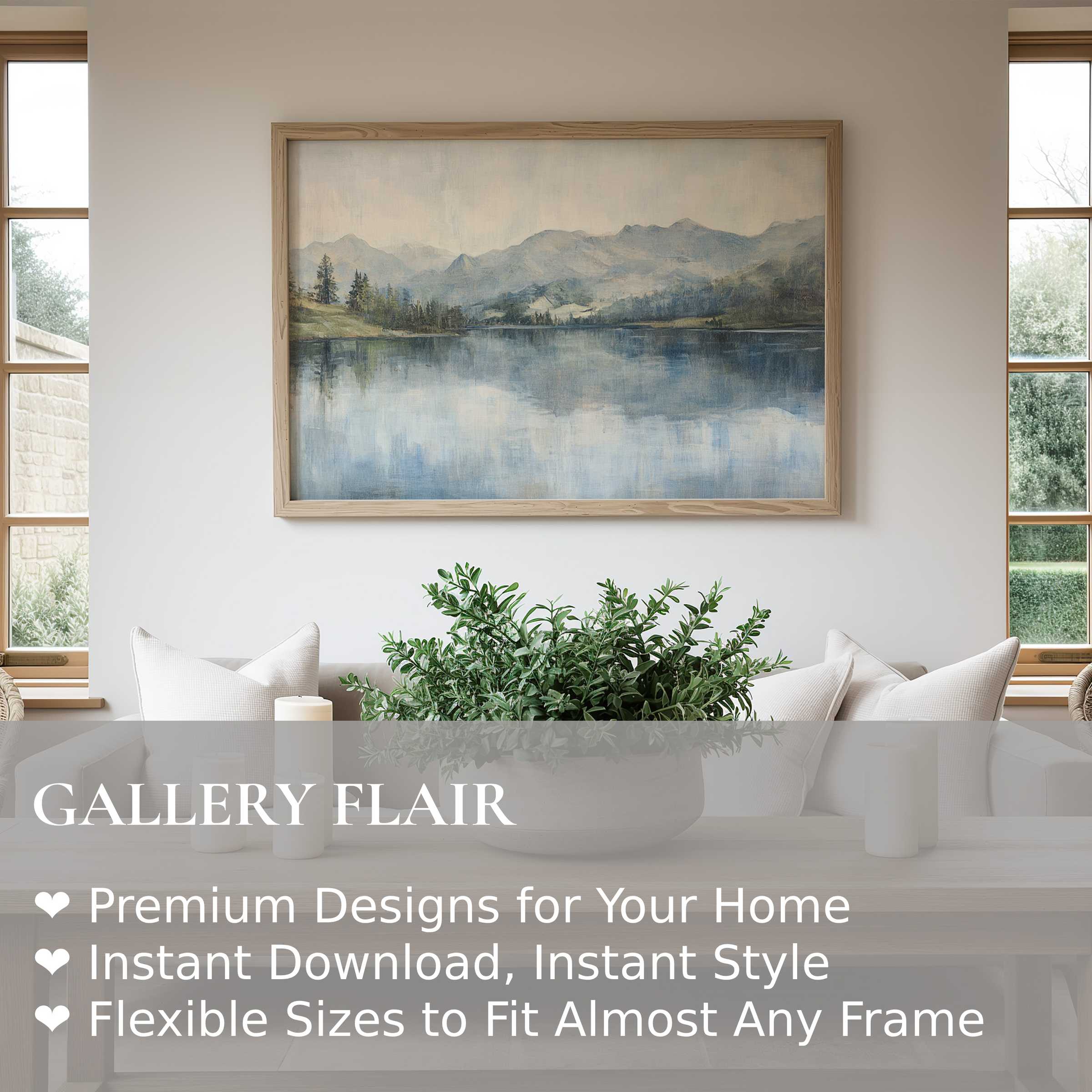Serene landscape wall art print with soft blues and greens enhances a modern minimalist living space, evoking calm and elegant tranquility