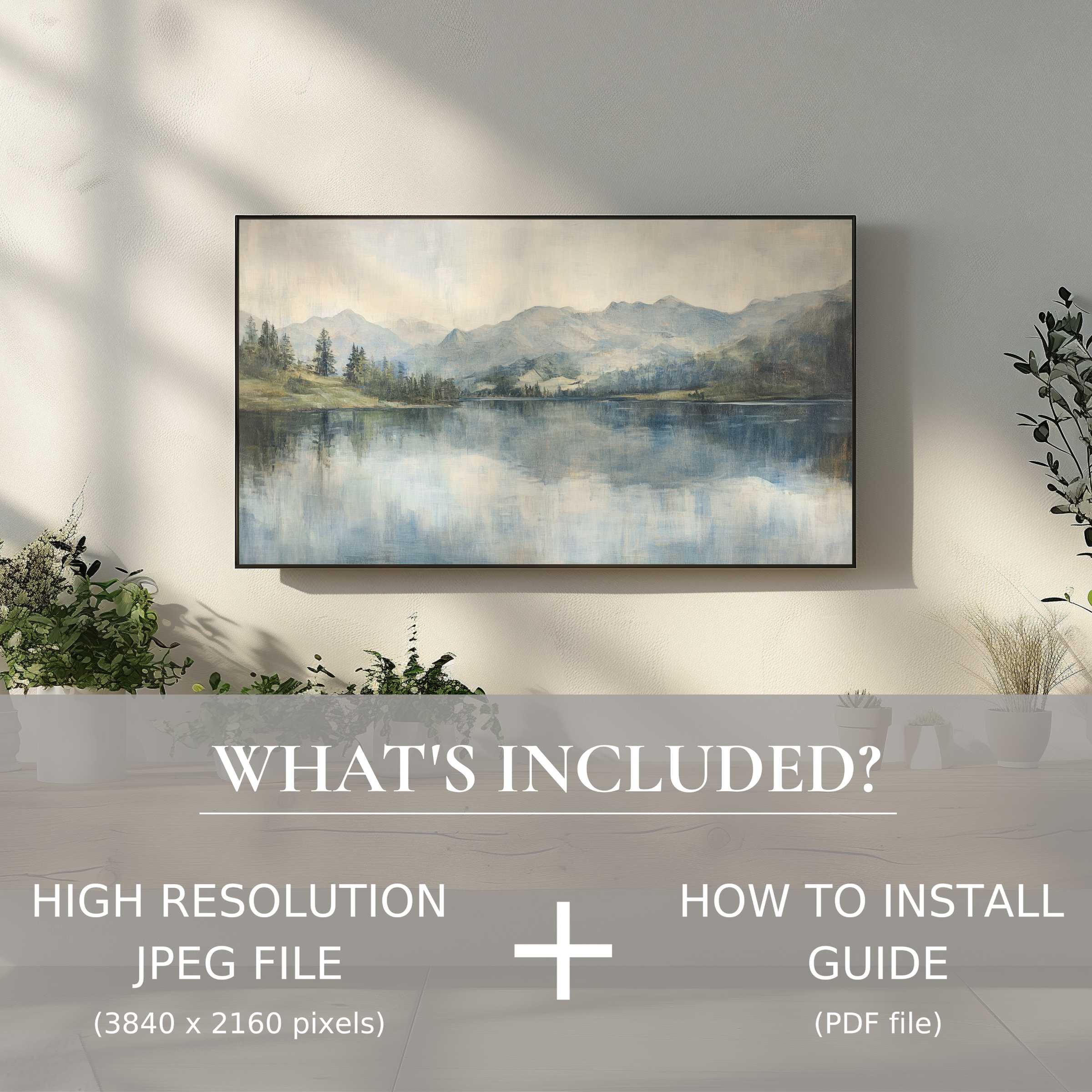 Elegant landscape digital TV art download enhancing any room, easy to use with high-res file and installation guide