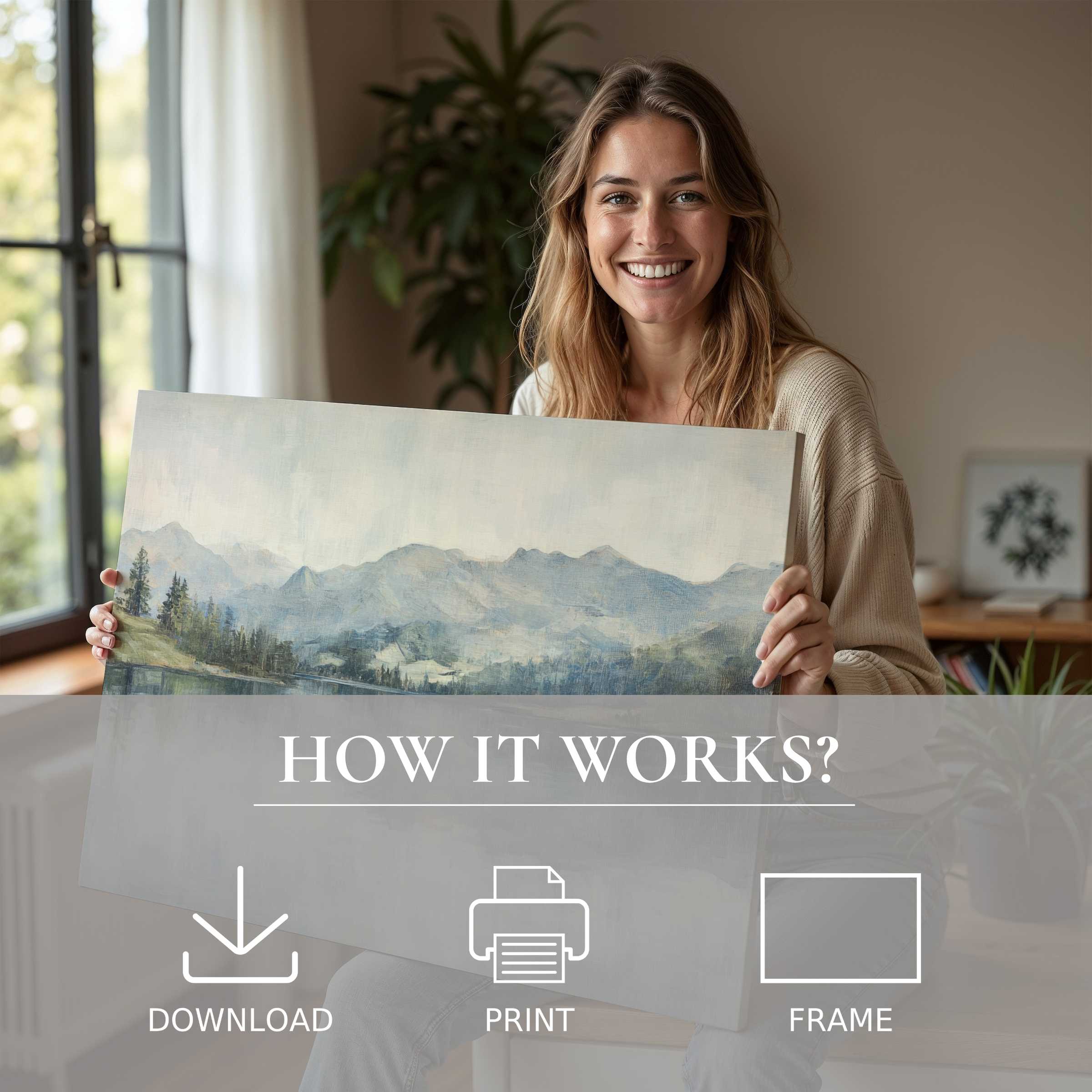 Joyful connection with landscape digital art print, elevating serene modern interiors through effortless elegance and heartfelt style