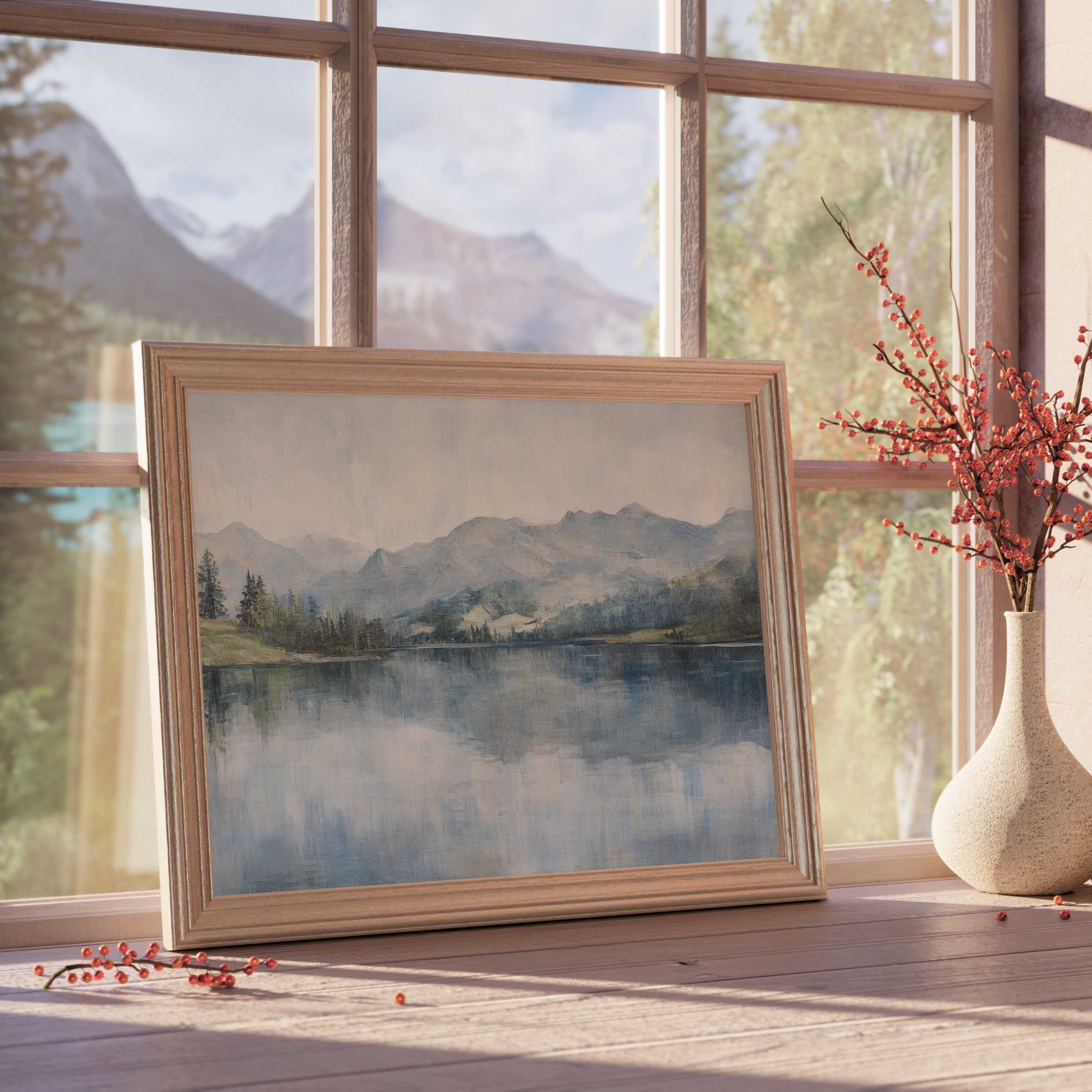 Serene landscape downloadable art featuring misty mountains and tranquil lake reflections, perfect for curated, calming interiors