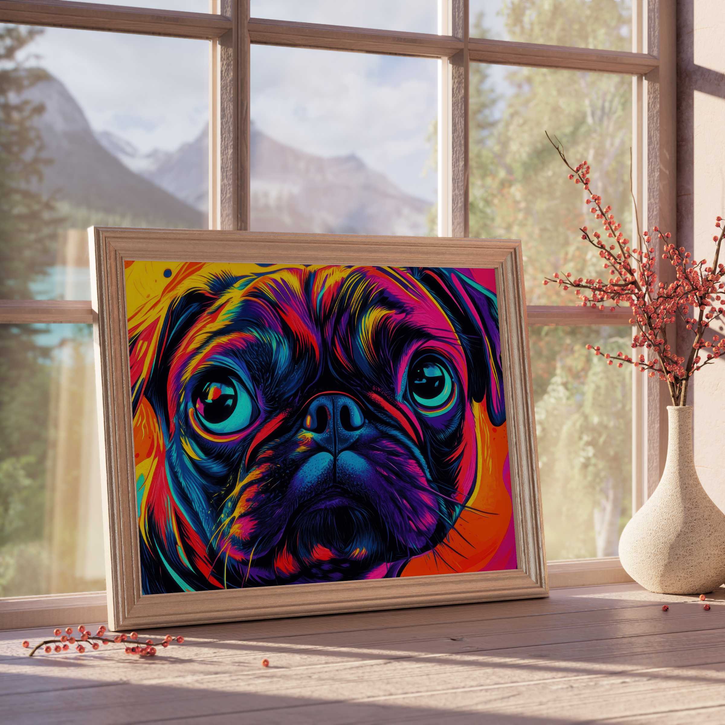 Vibrant pop art downloadable art of a pug, injecting bold color and playful charm into curated, modern interiors
