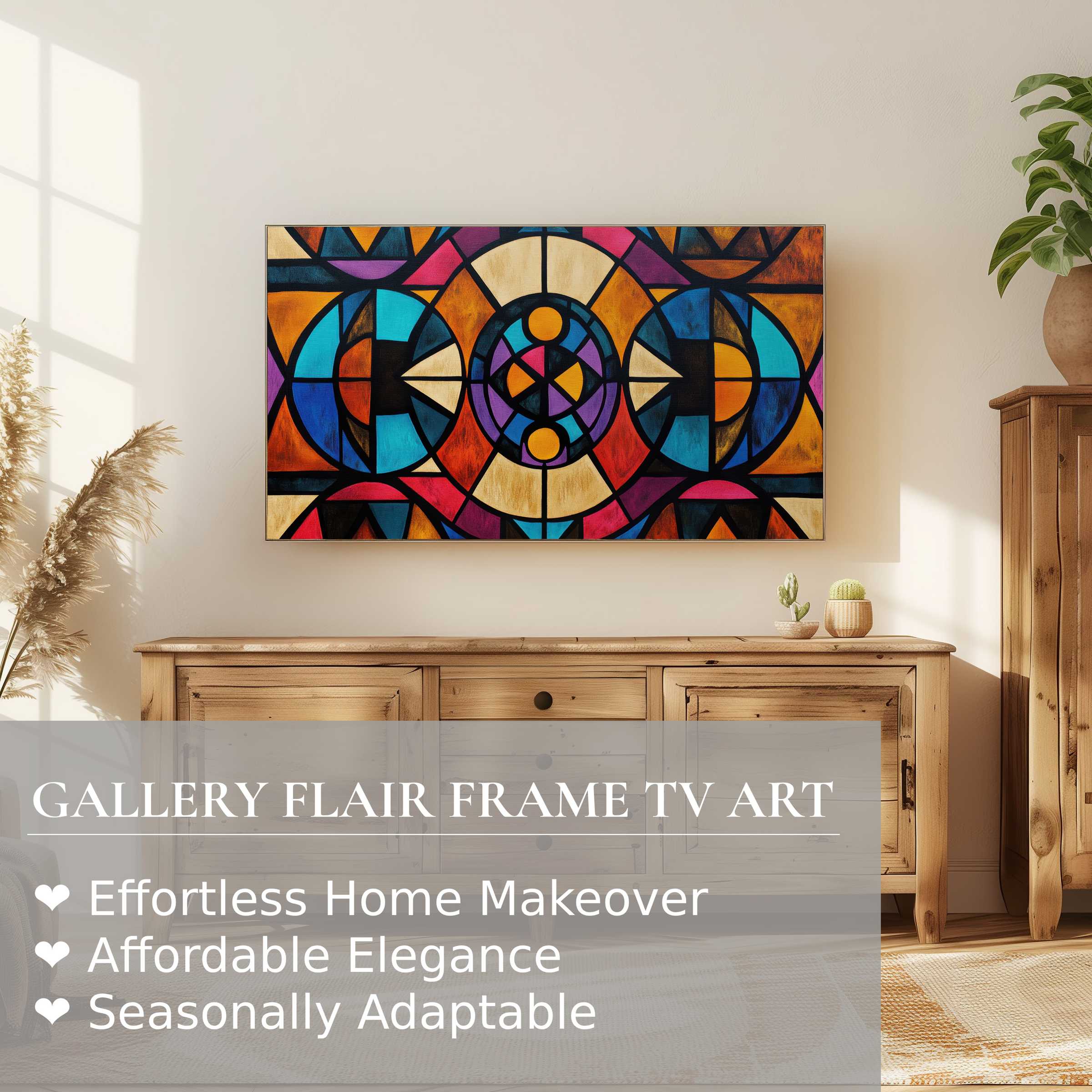 Samsung Frame TV showcasing vibrant geometric boho digital artwork in a warm, chic living room setting