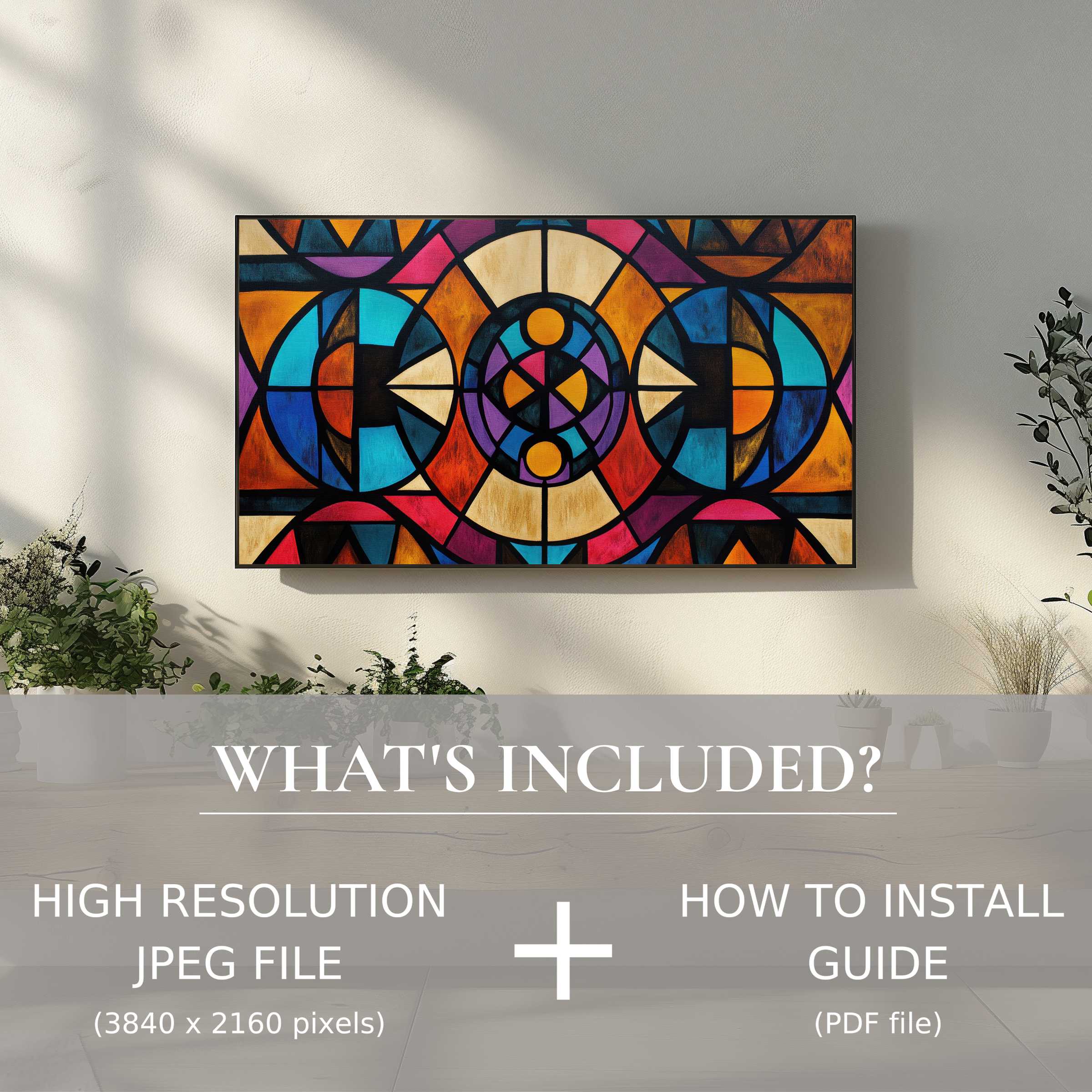 Boho digital TV art download enhances modern living spaces with vibrant design, easily used via high-res file and guide