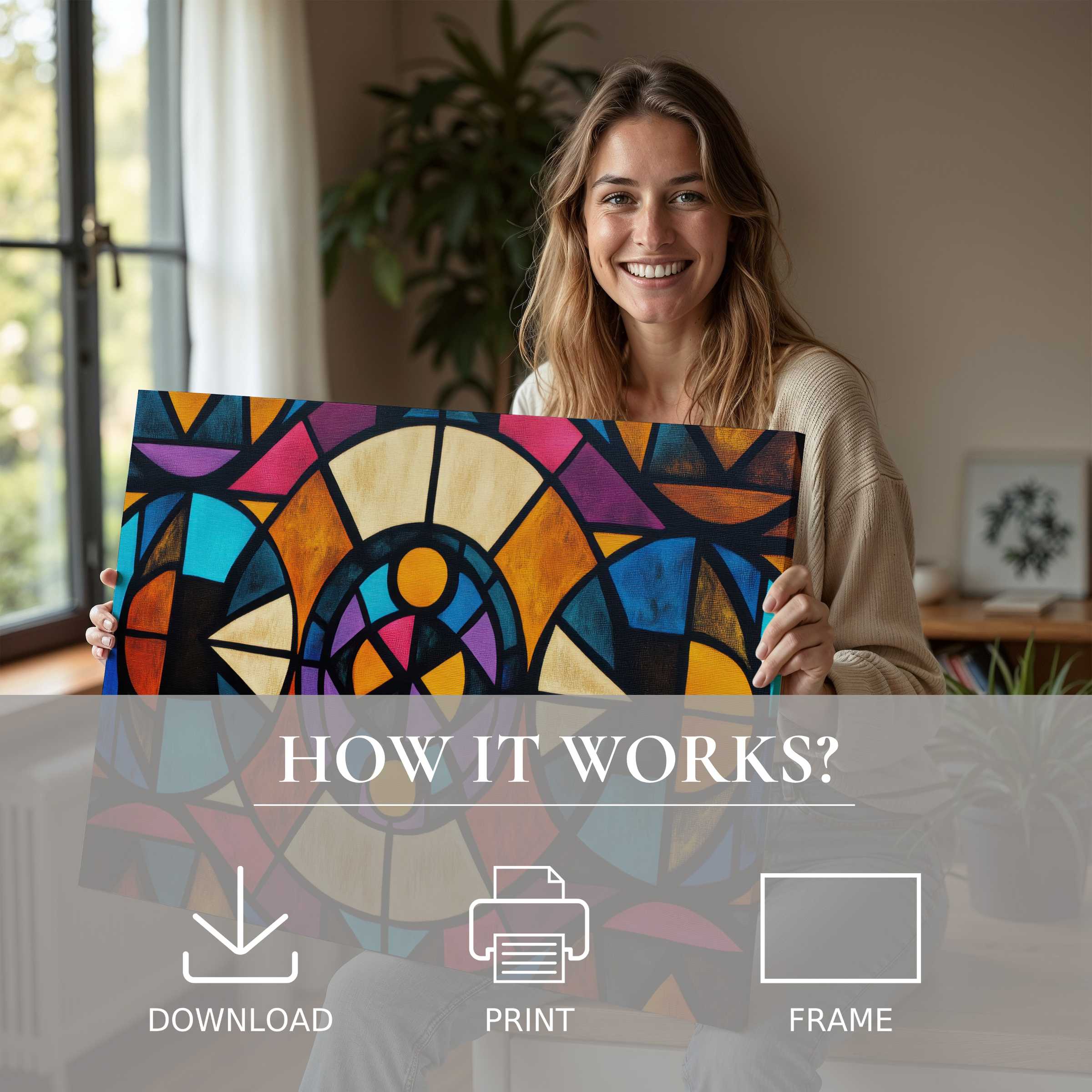 Radiant woman smiles warmly, embracing her vibrant boho digital art print in a serene modern home, celebrating effortless style