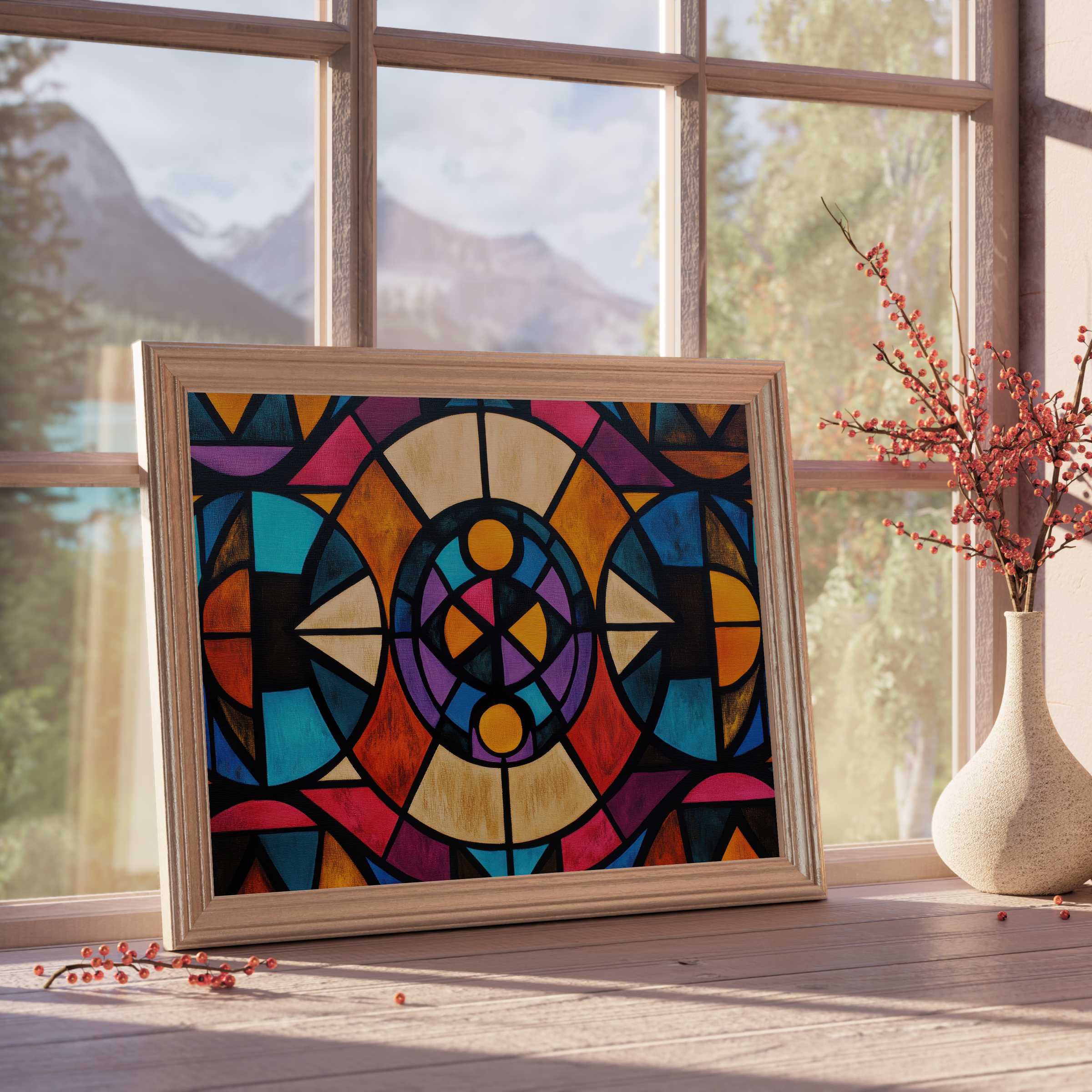Boho downloadable art with bold geometric hues, infusing curated, tranquil spaces with vibrant warmth and timeless sophistication