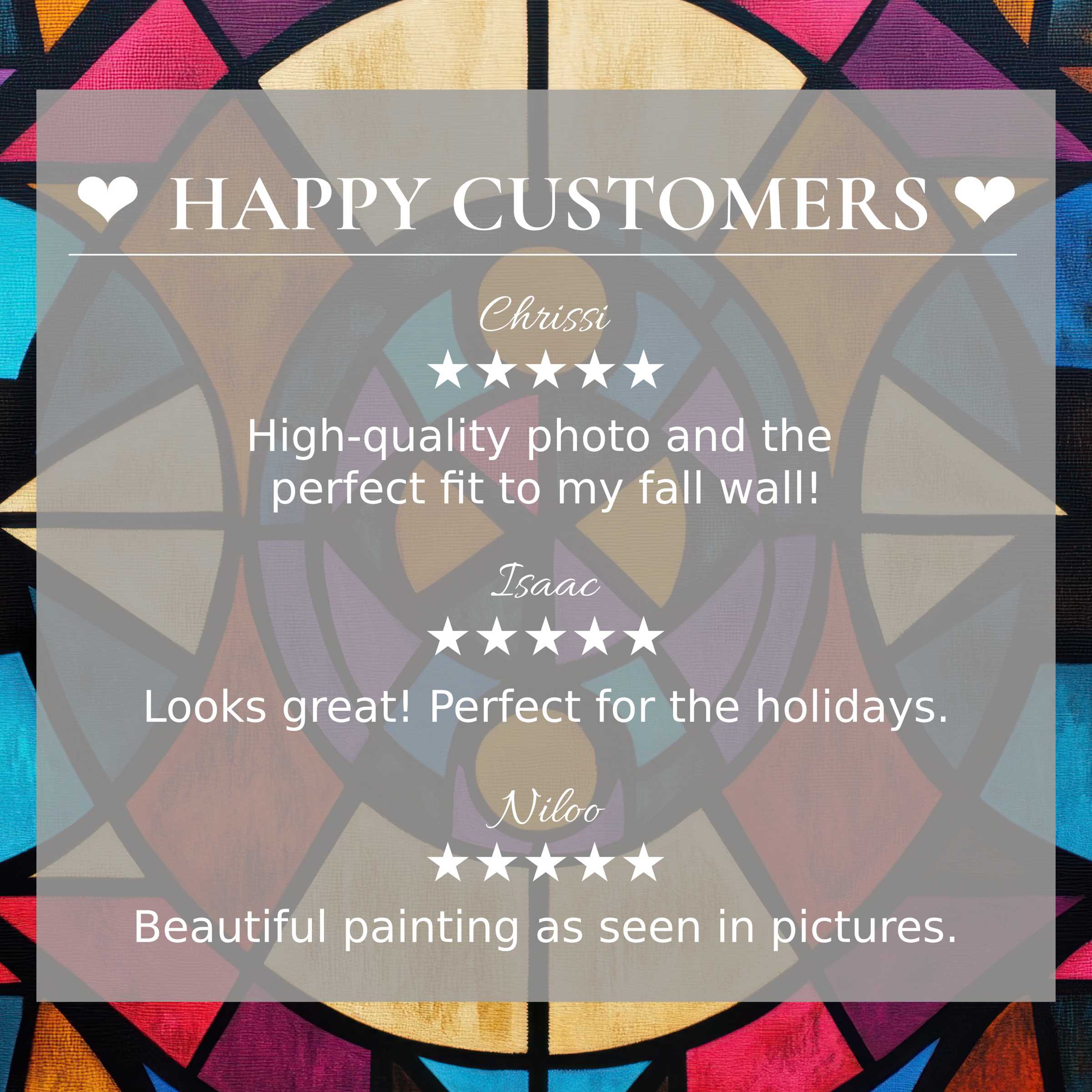 Boho art for Frame TV with abstract stained glass hues, showcasing happy customer reviews and elegant trust