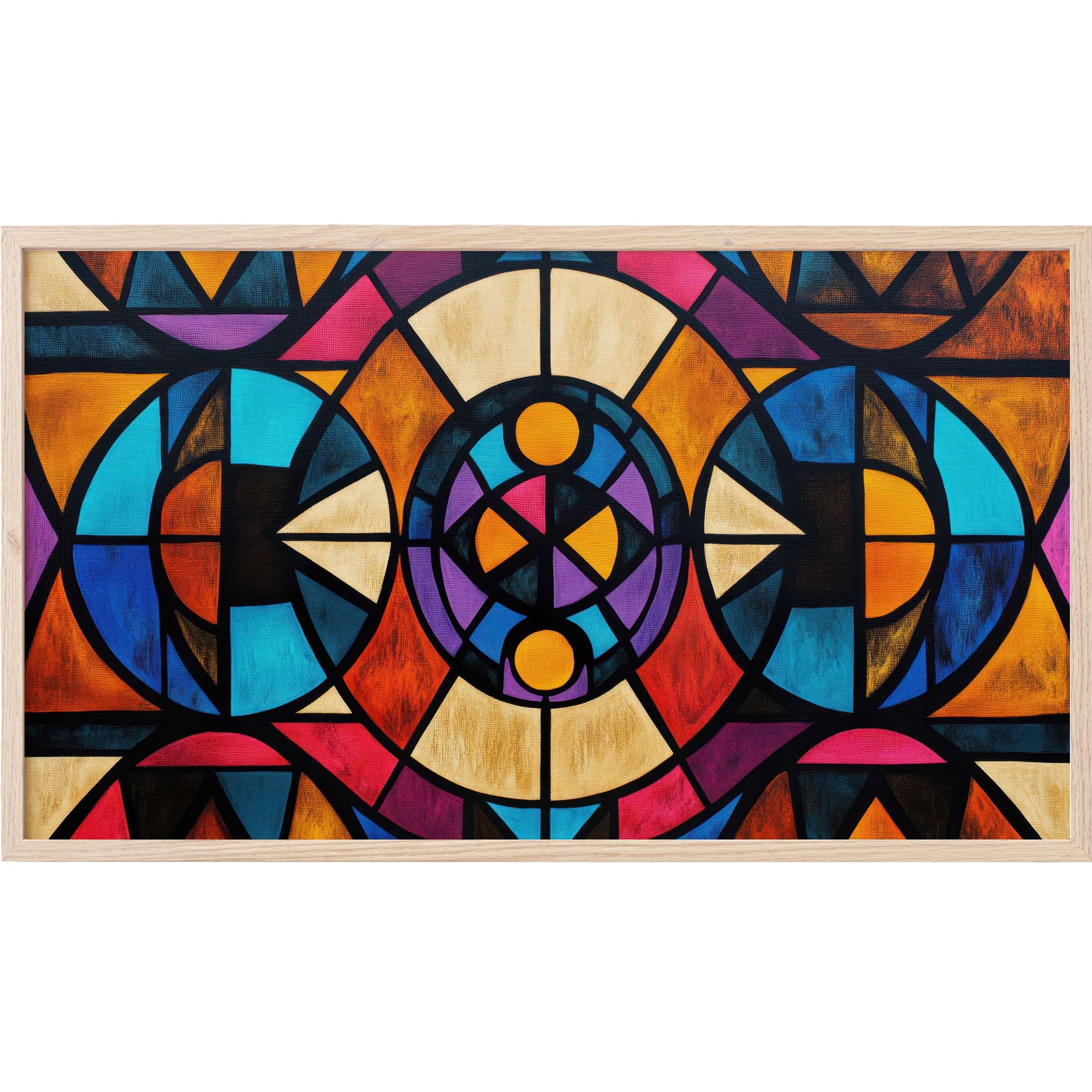 Boho Frame TV Art with vibrant geometric patterns in rich blues, oranges, purples, and reds for a modern, elegant touch
