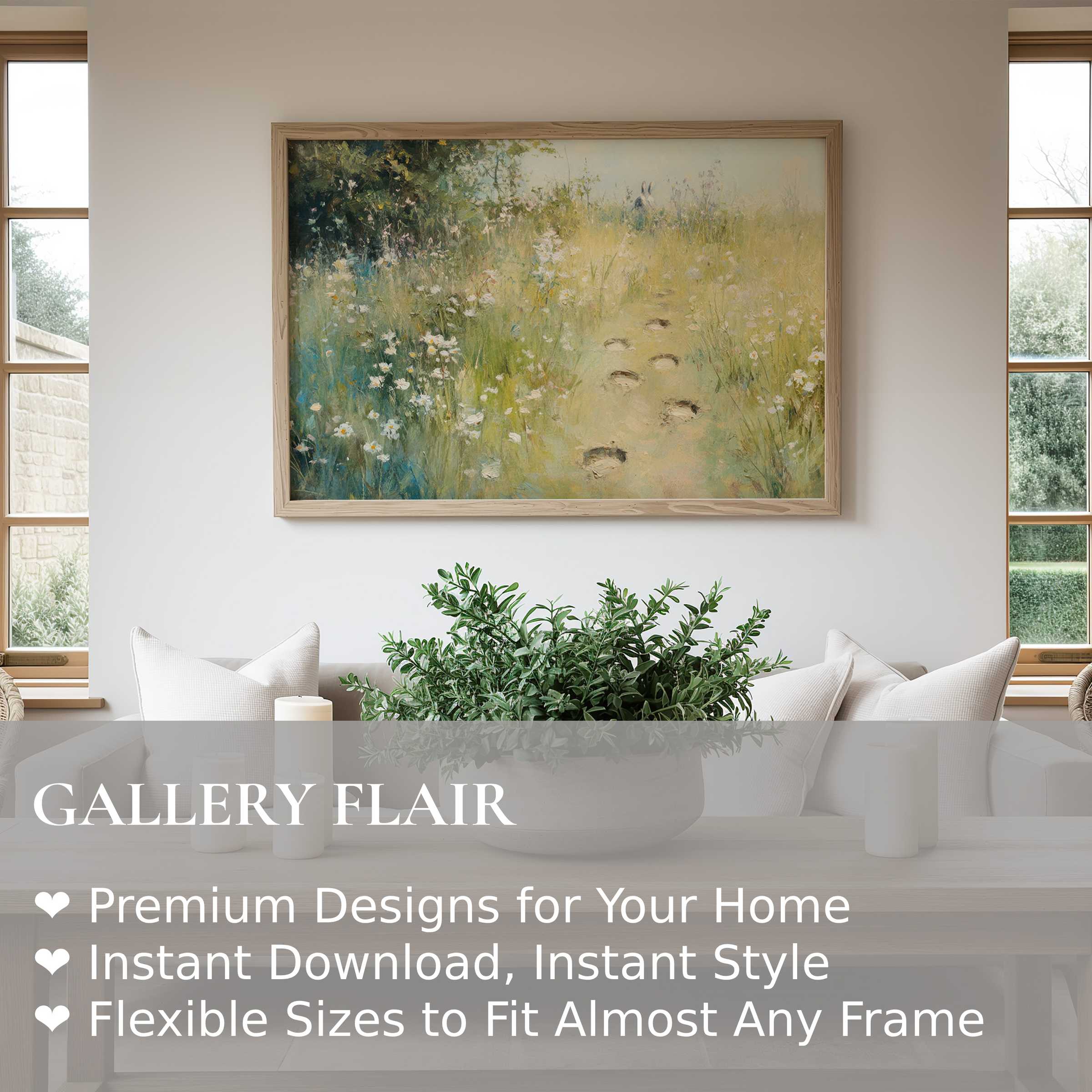 Easter wall art print featuring serene wildflower meadow and subtle bunny footprints, enhancing modern rustic interiors with calming, natural elegance