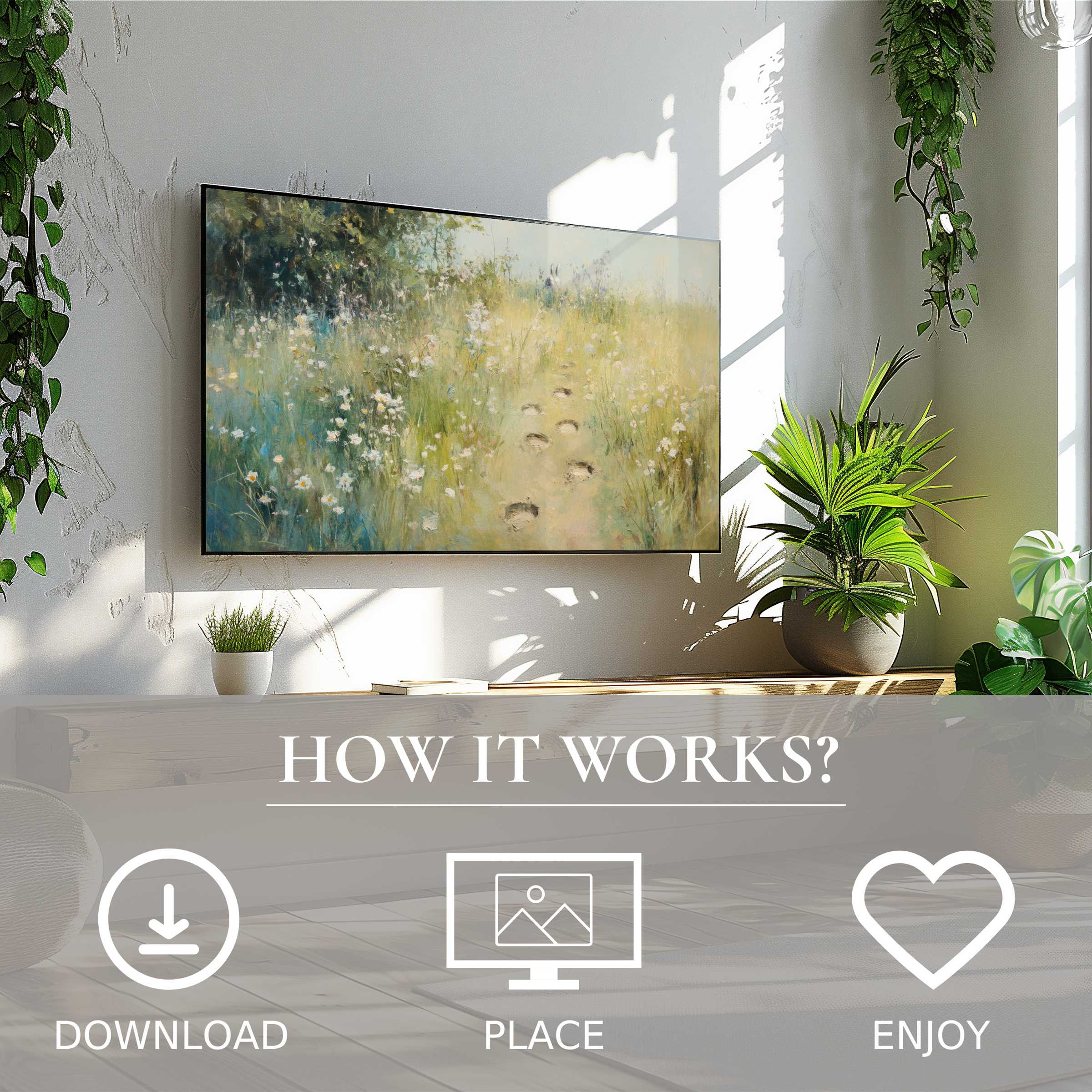 Easter art for Samsung TV shows soft sunset tones in a bright room with plants; easy digital download enriches your space