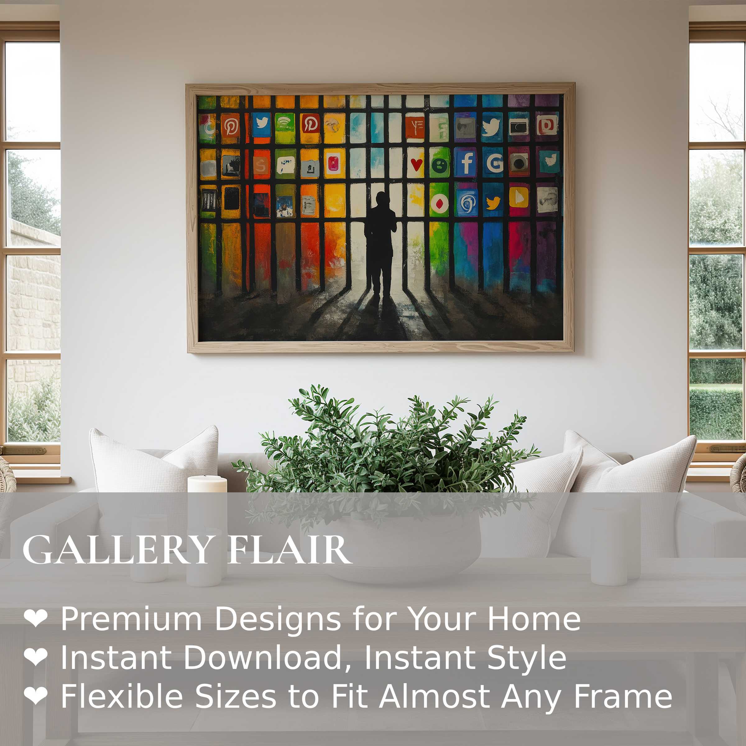 Bold street art wall art print with vibrant social media icons and silhouette, enhancing a minimalist modern living space