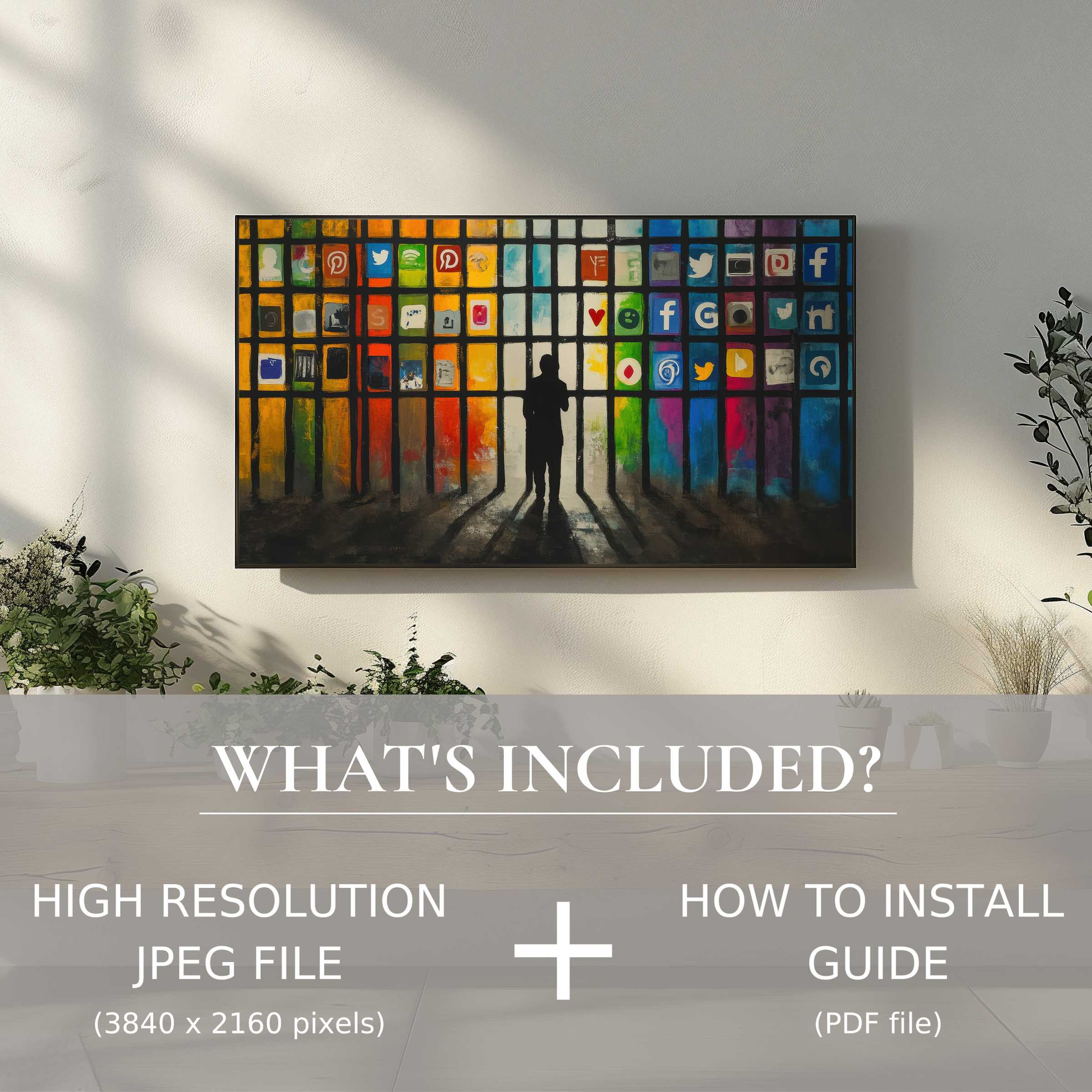 Stylish living room featuring street art digital TV art download, easy digital use, elevating modern interiors