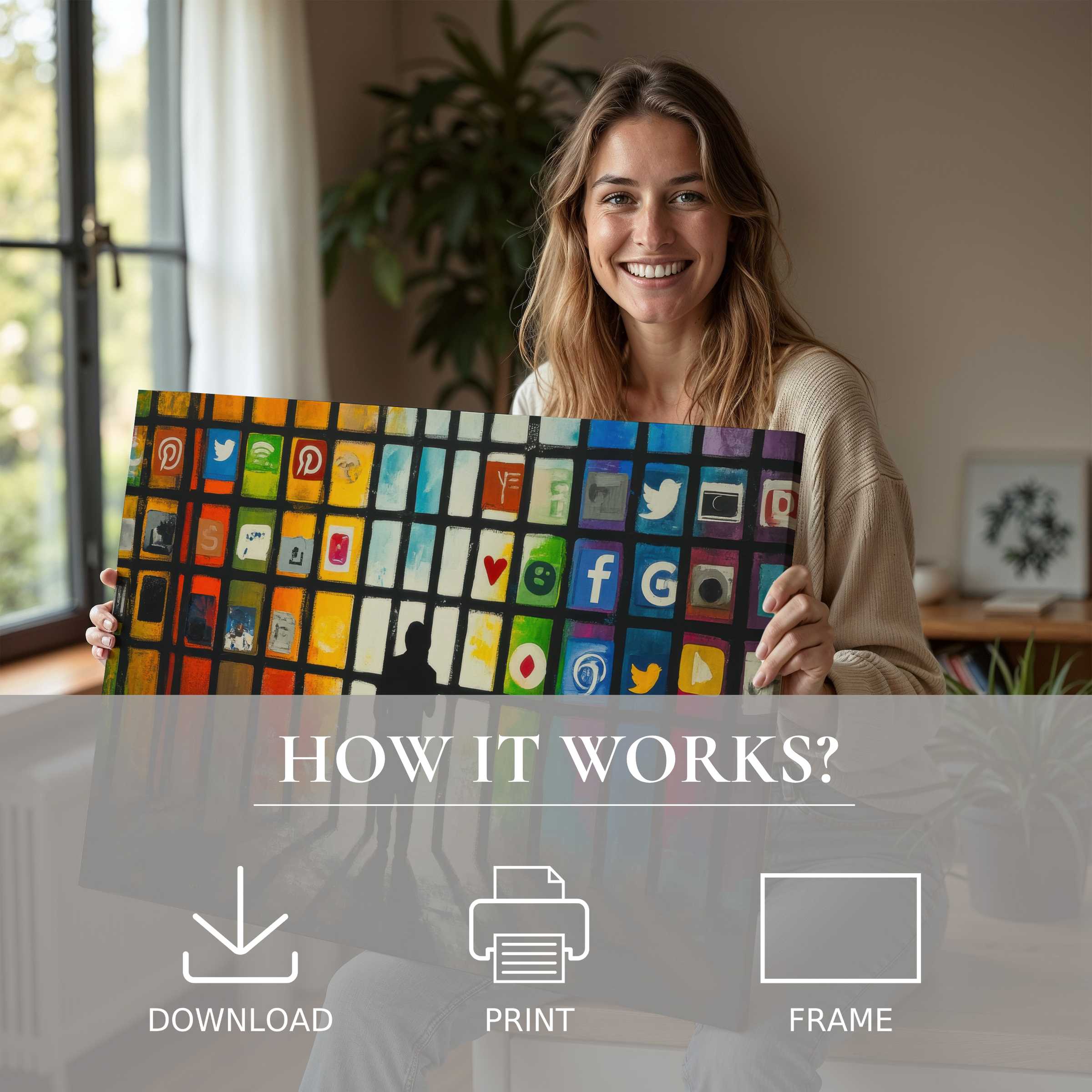 A radiant moment of connection and joy as vibrant street art digital art print breathes life into a sleek, modern home