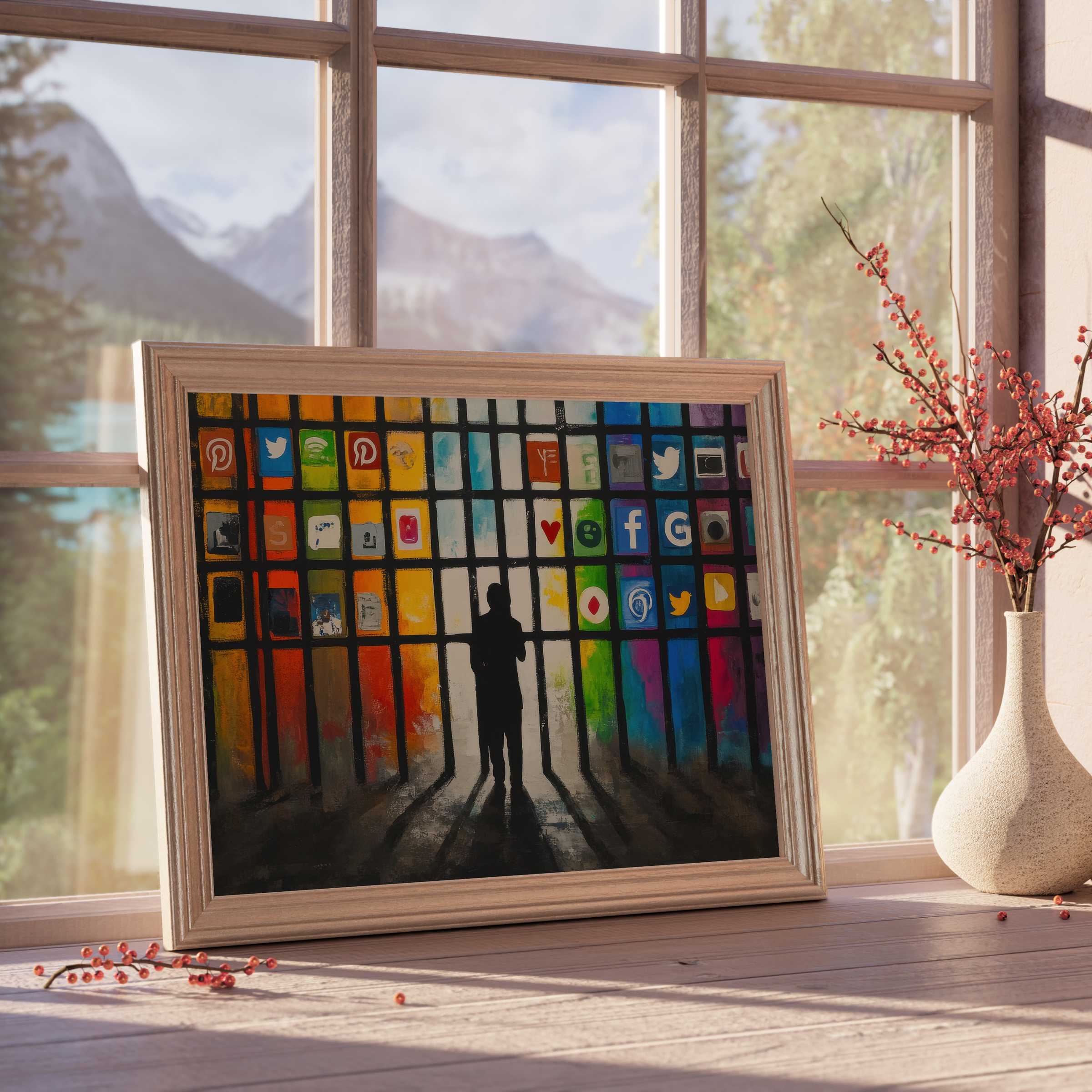Vibrant street art downloadable art framed in soft wood, infusing curated interiors with modern, contemplative energy and vivid color