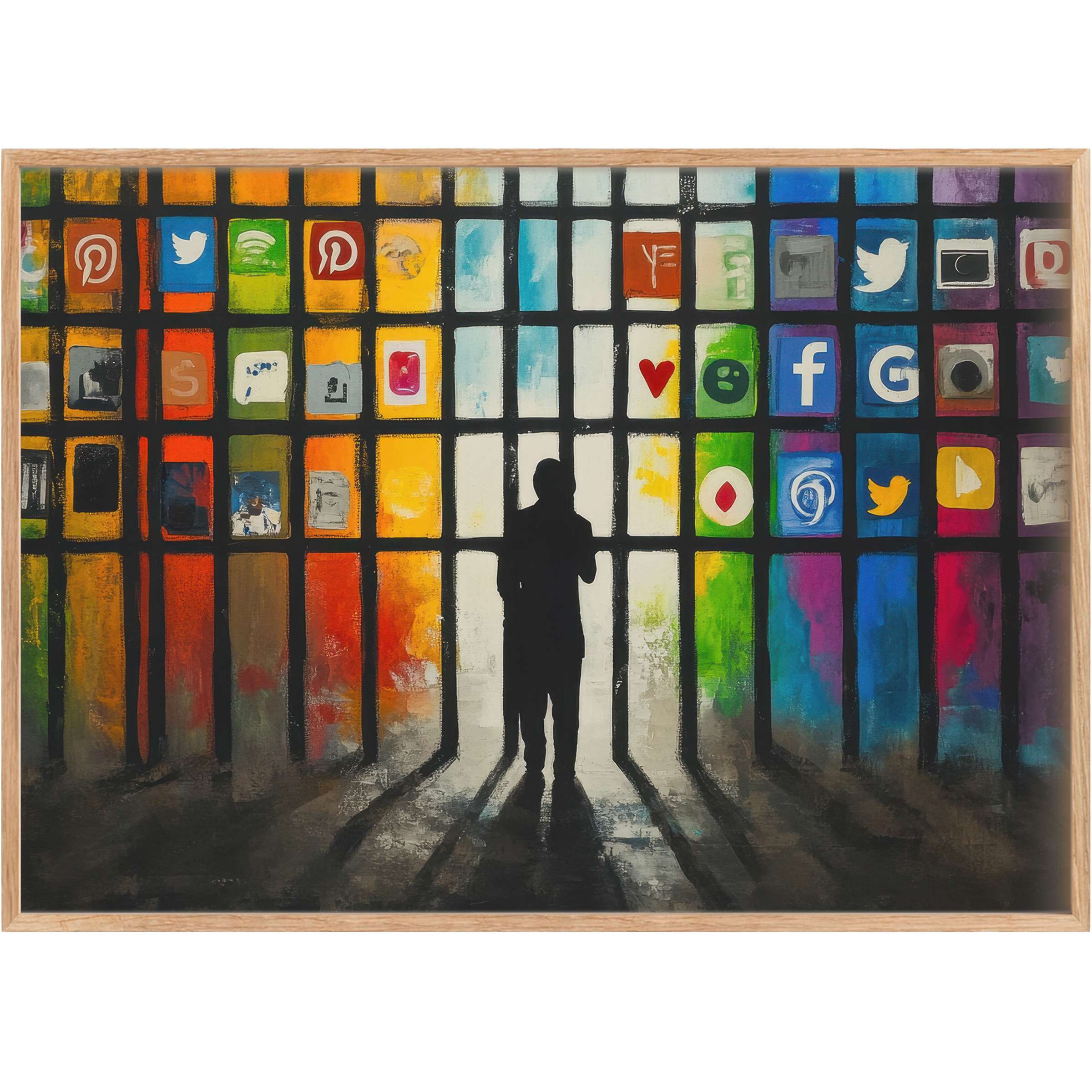 Vibrant street art printable wall art featuring a silhouetted figure against a grid of luminous, colorful social icons, evoking bold introspection and modern connectivity