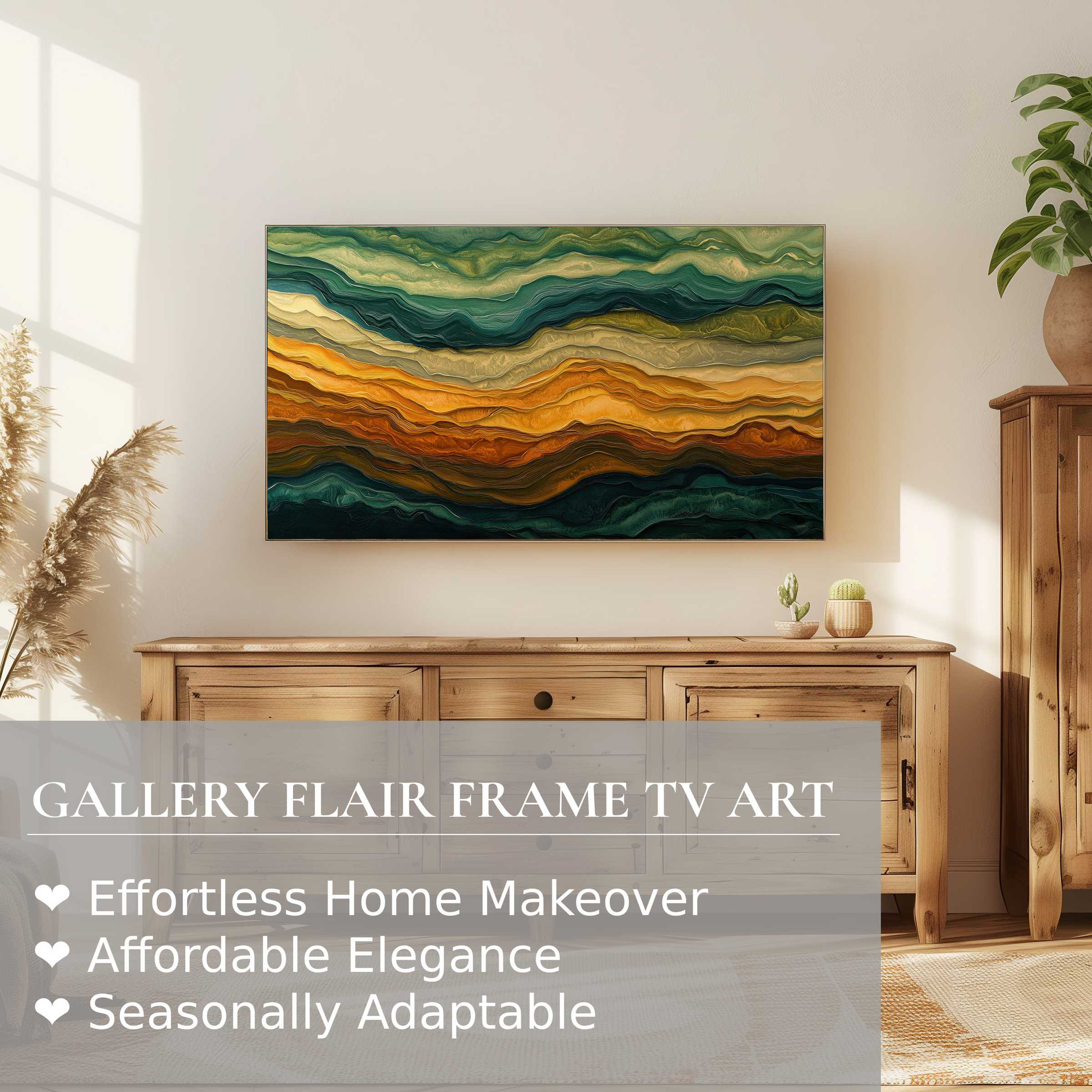 Modern living room with warm wood tones, Samsung Frame TV displaying elegant abstract digital artwork
