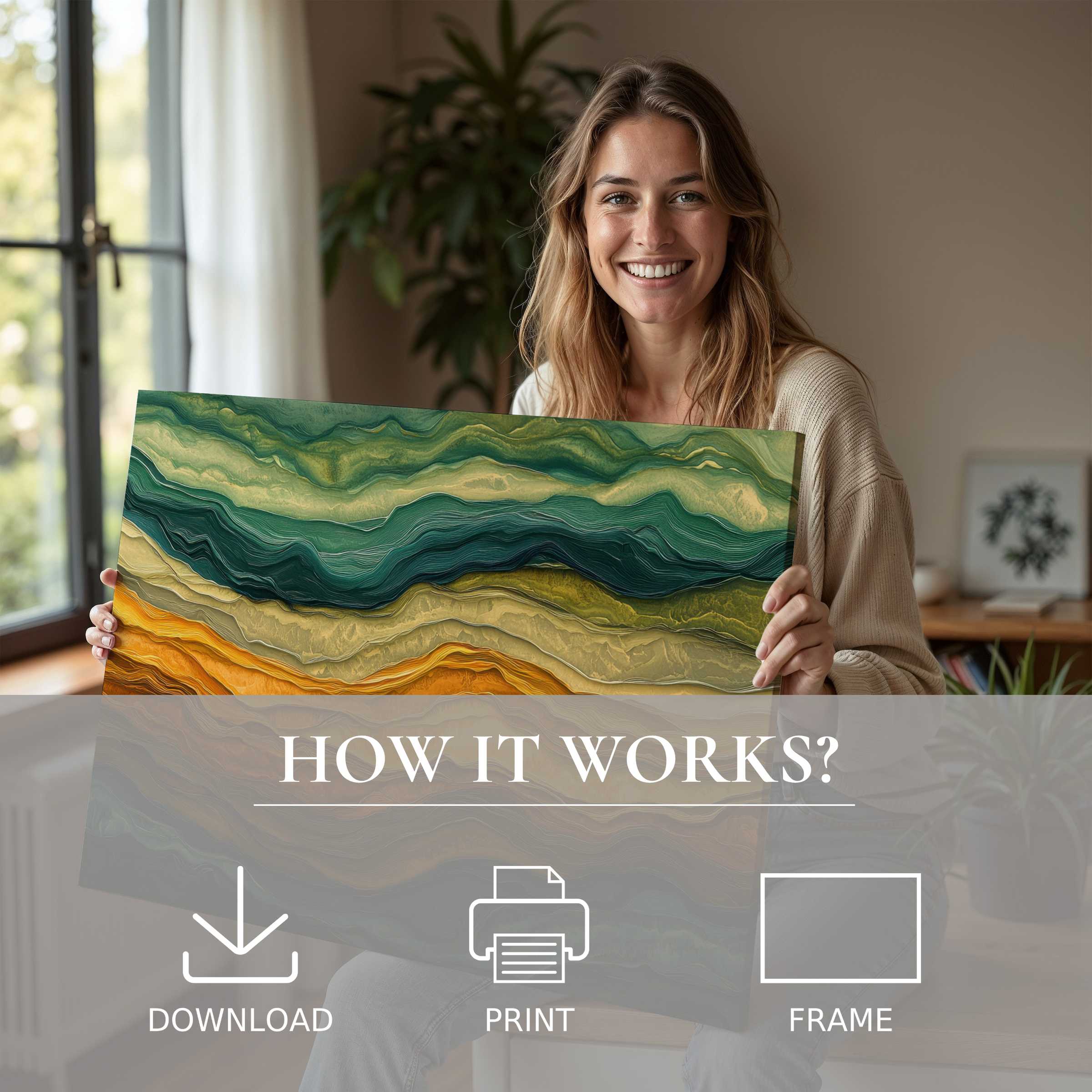 Radiant joy embraces a serene moment with an abstract digital art print, effortlessly elevating modern home ambiance