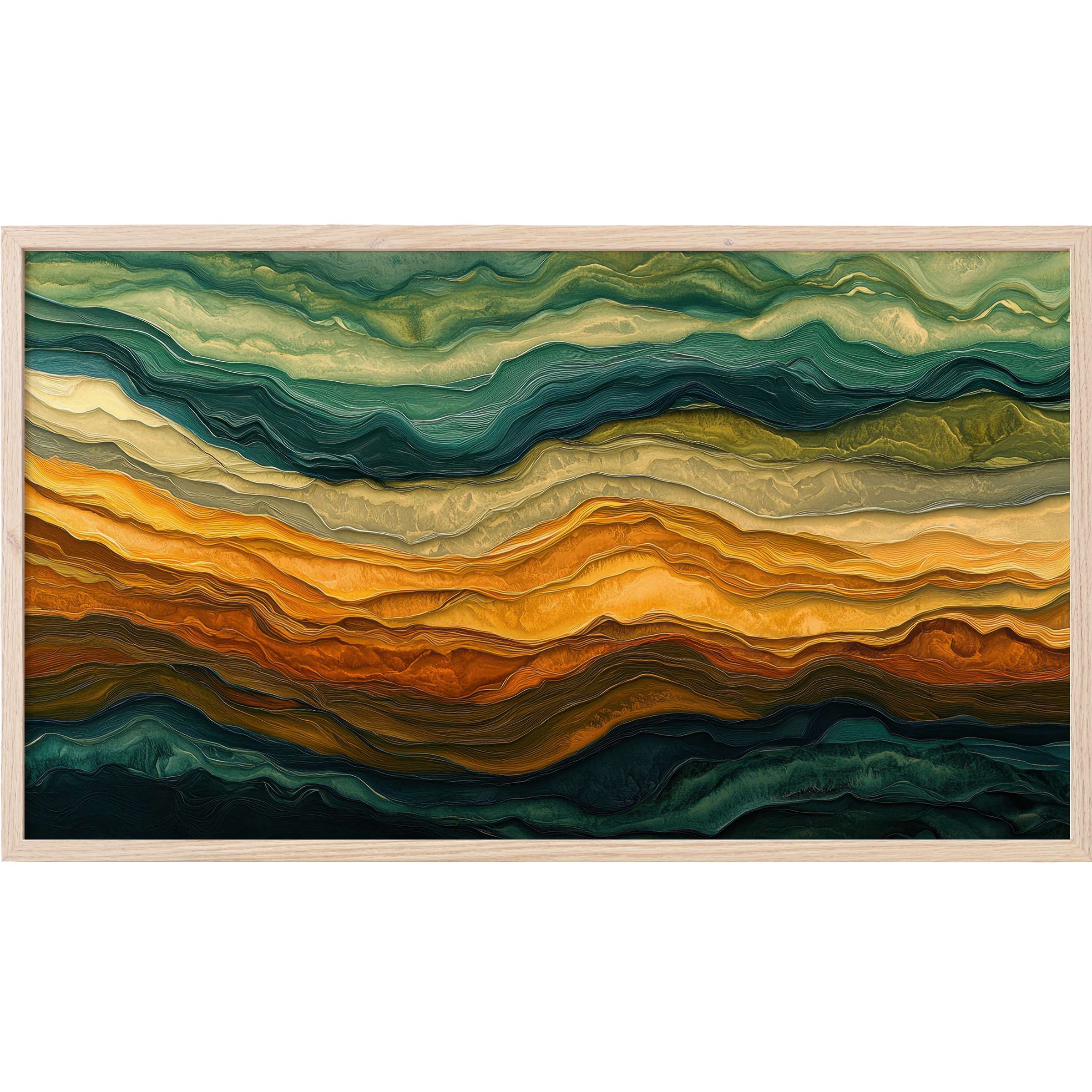 Abstract Frame TV Art with layered waves in golden yellow, deep greens, and rich earthy tones, evoking nature’s textures