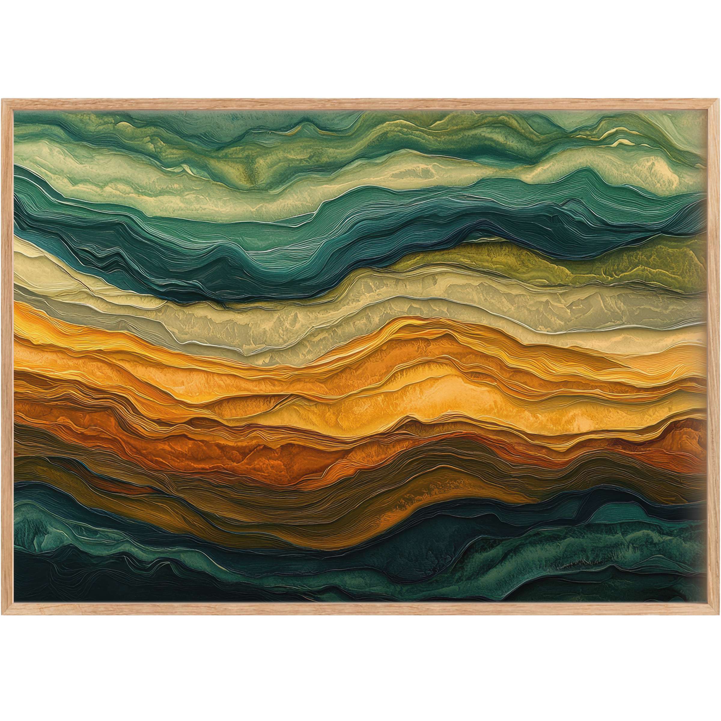 Abstract printable wall art with flowing layers of emerald, ochre, and burnt sienna creates a warm, grounding, and sophisticated ambiance