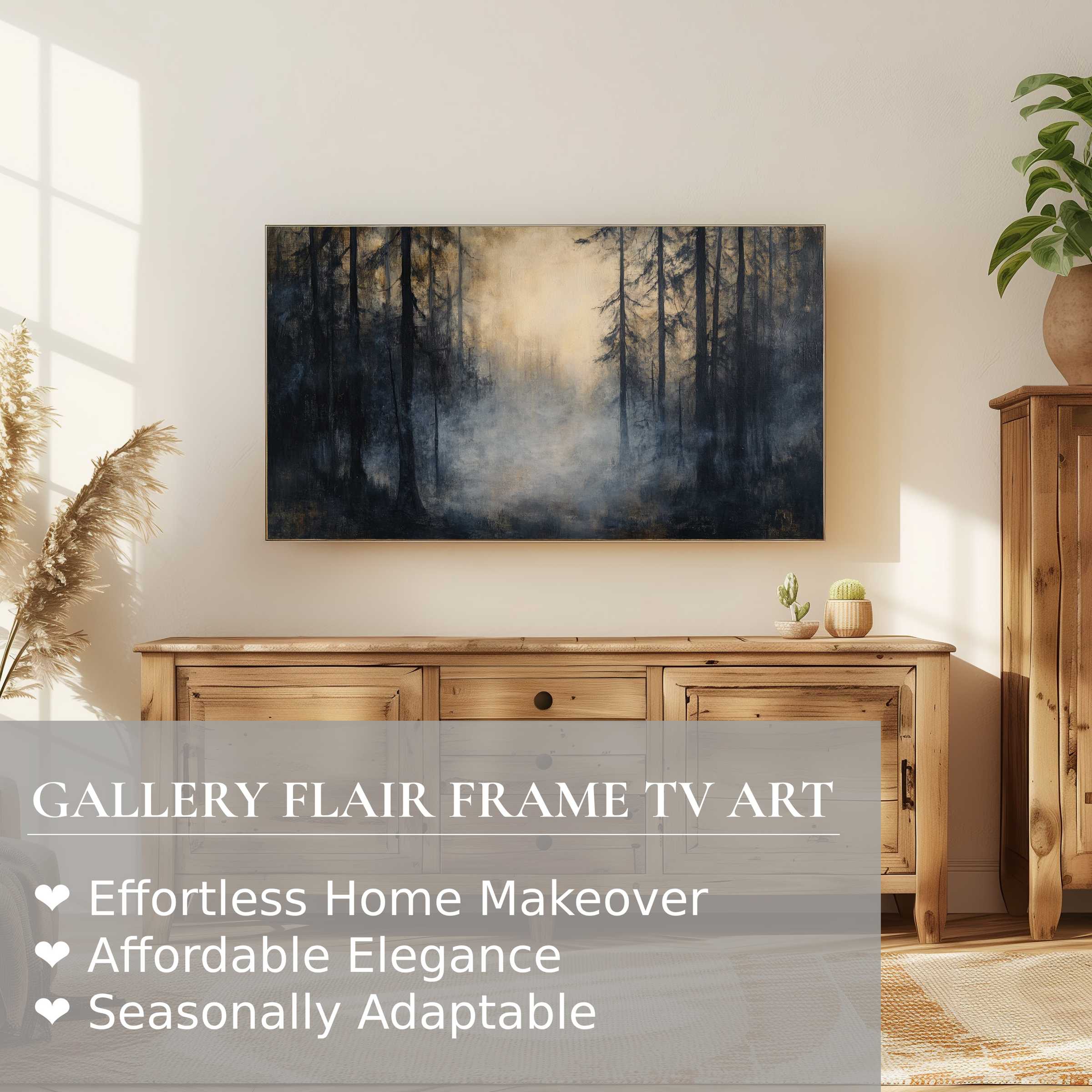 Samsung Frame TV displays moody, atmospheric halloween digital artwork in a modern, elegant living space with warm wood tones