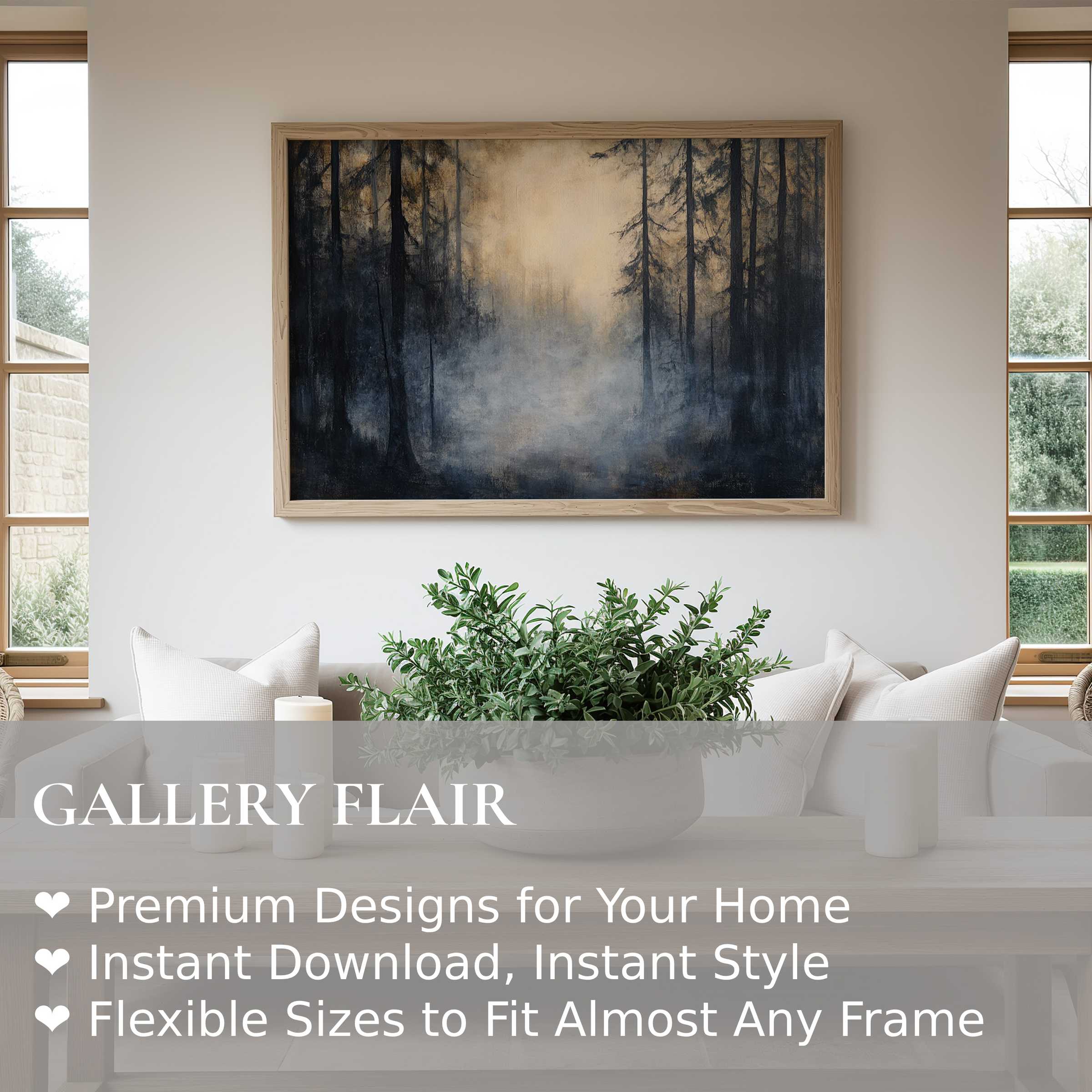 Ethereal halloween wall art print with misty forest shadows, enhancing modern minimalist interiors with moody, atmospheric elegance