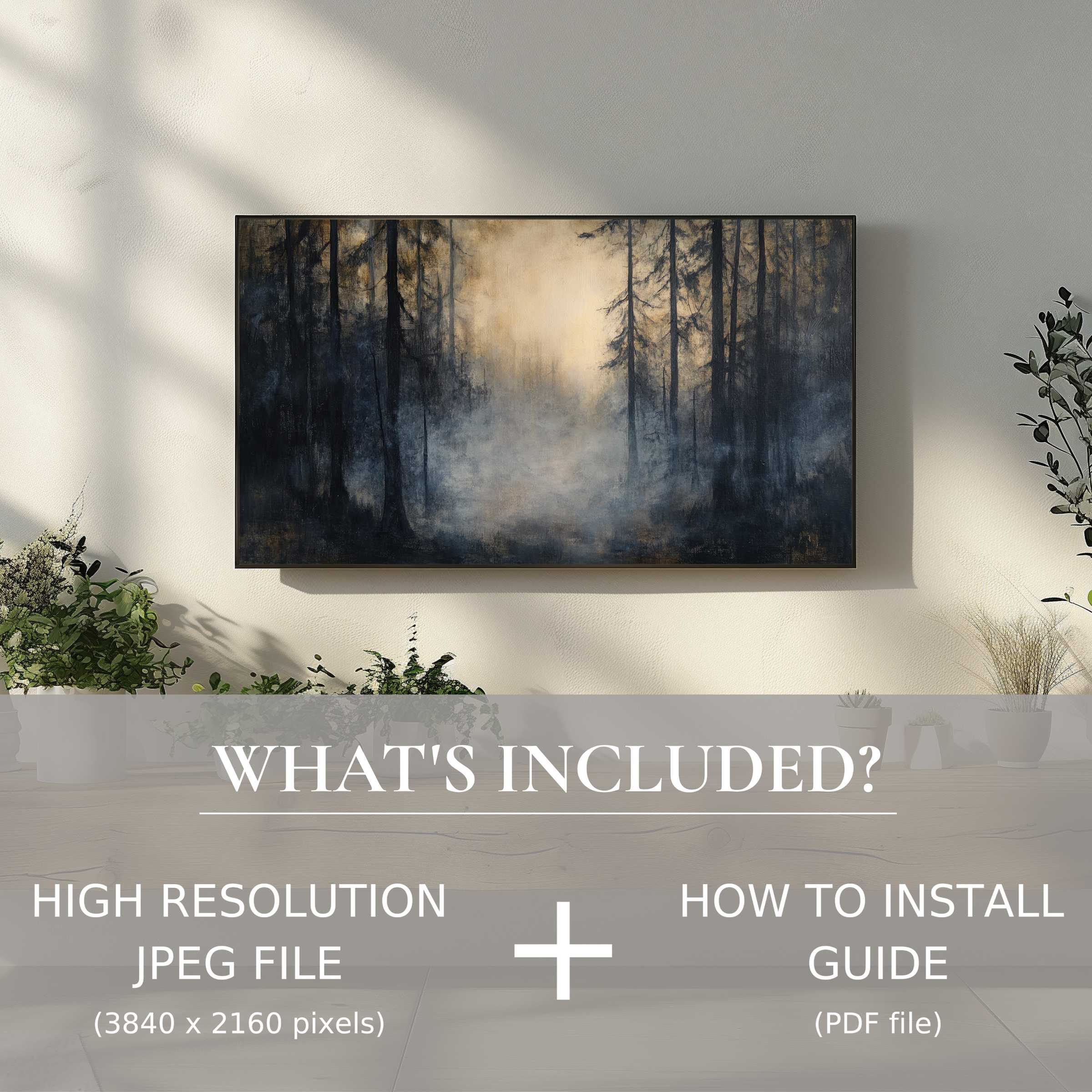 Elegant Halloween digital TV art download showcasing a misty forest, enhancing any modern living space with ease
