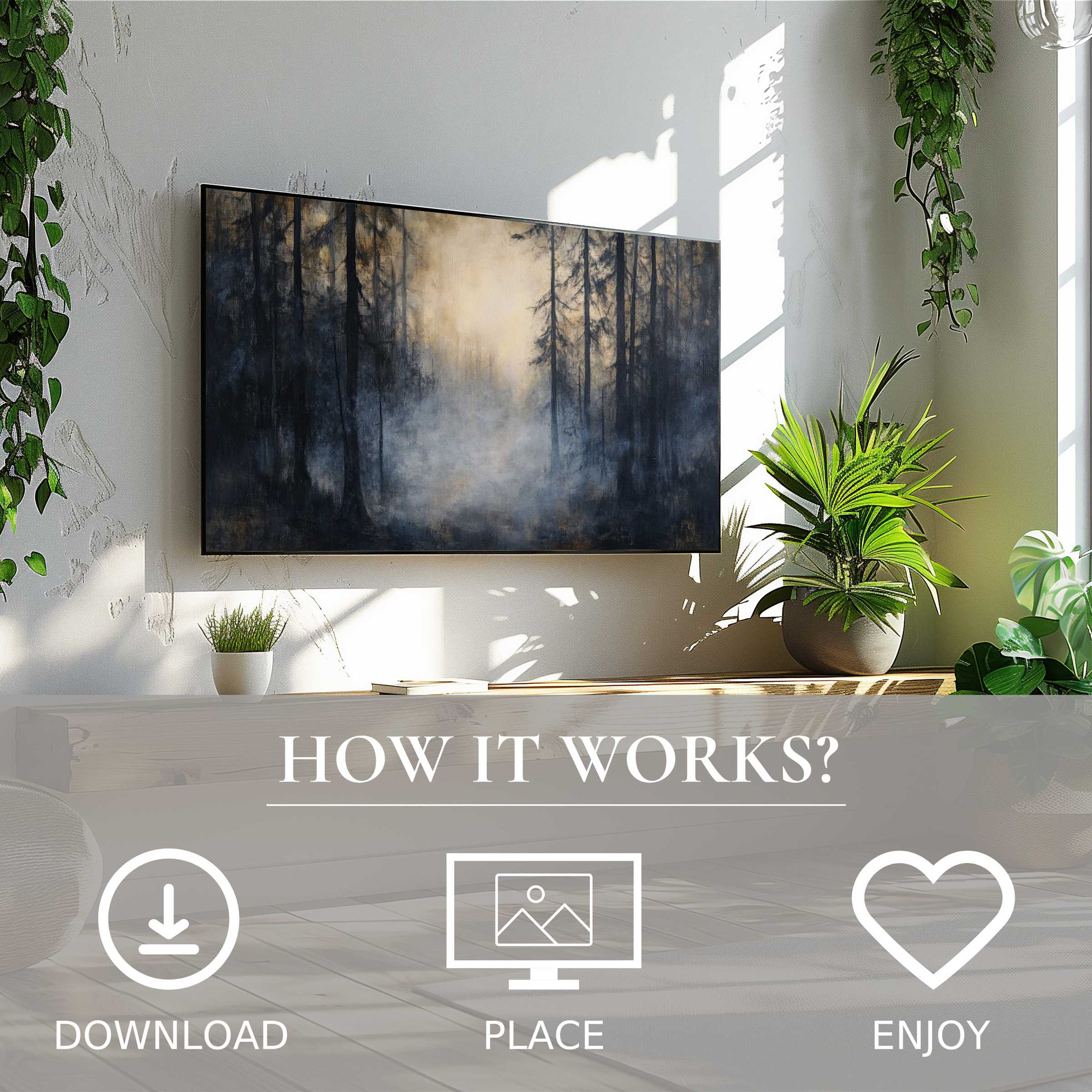 Modern living room with easy digital download; halloween art for Samsung TV shows misty forest in muted tones
