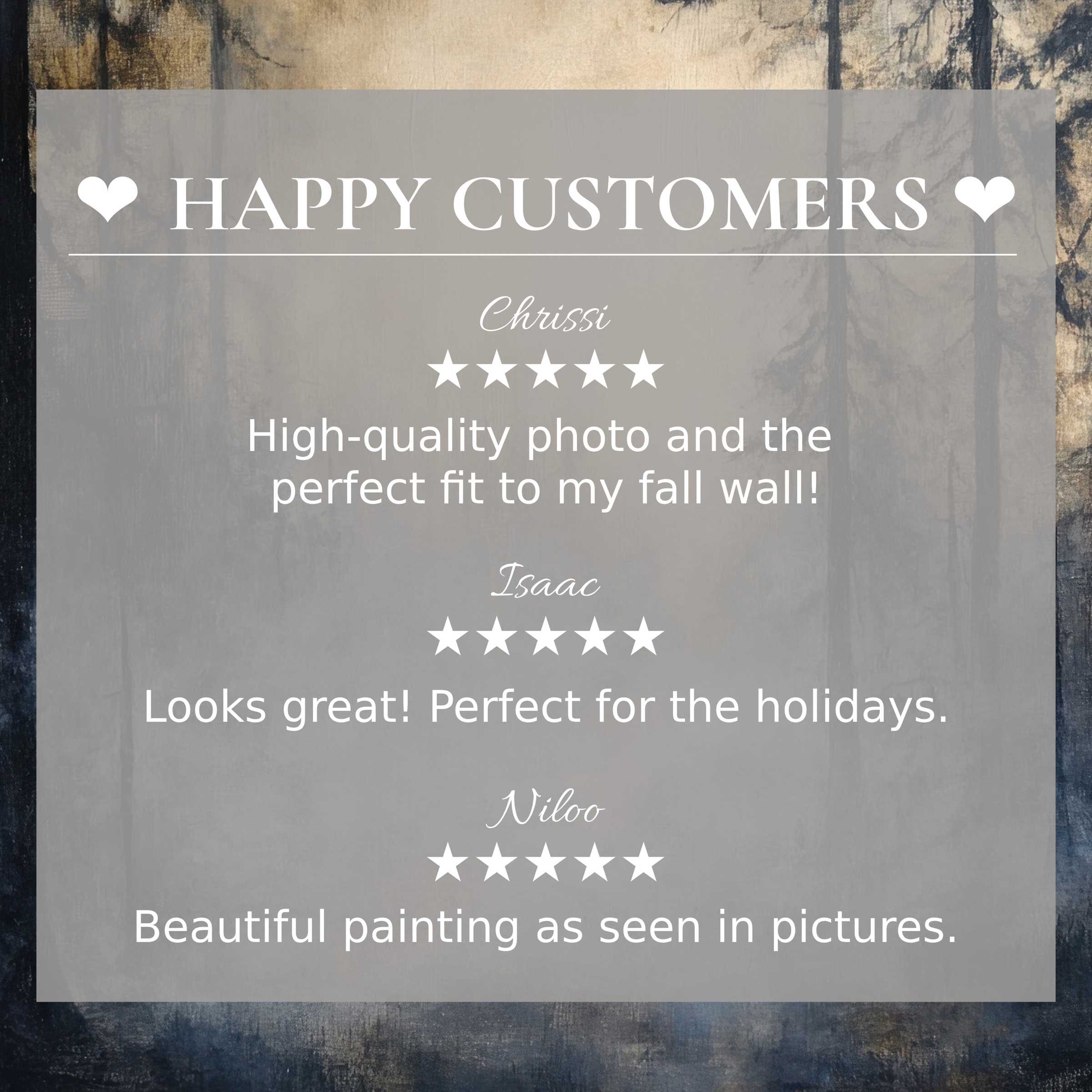 Elegant halloween art for Frame TV with abstract dark forest background and happy customer reviews building trust