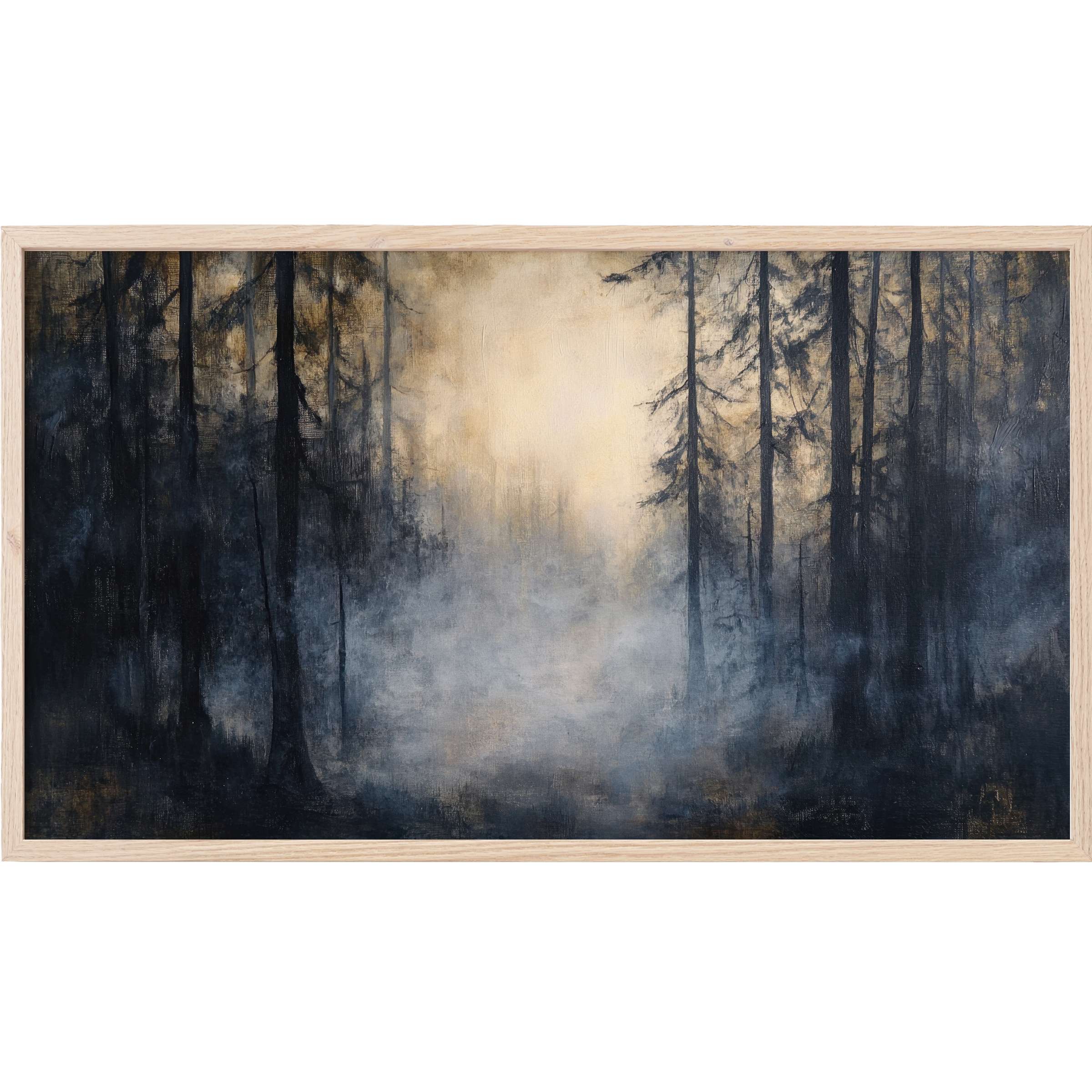 Ethereal mist weaves through dark trees against a soft golden glow in this Halloween Frame TV Art