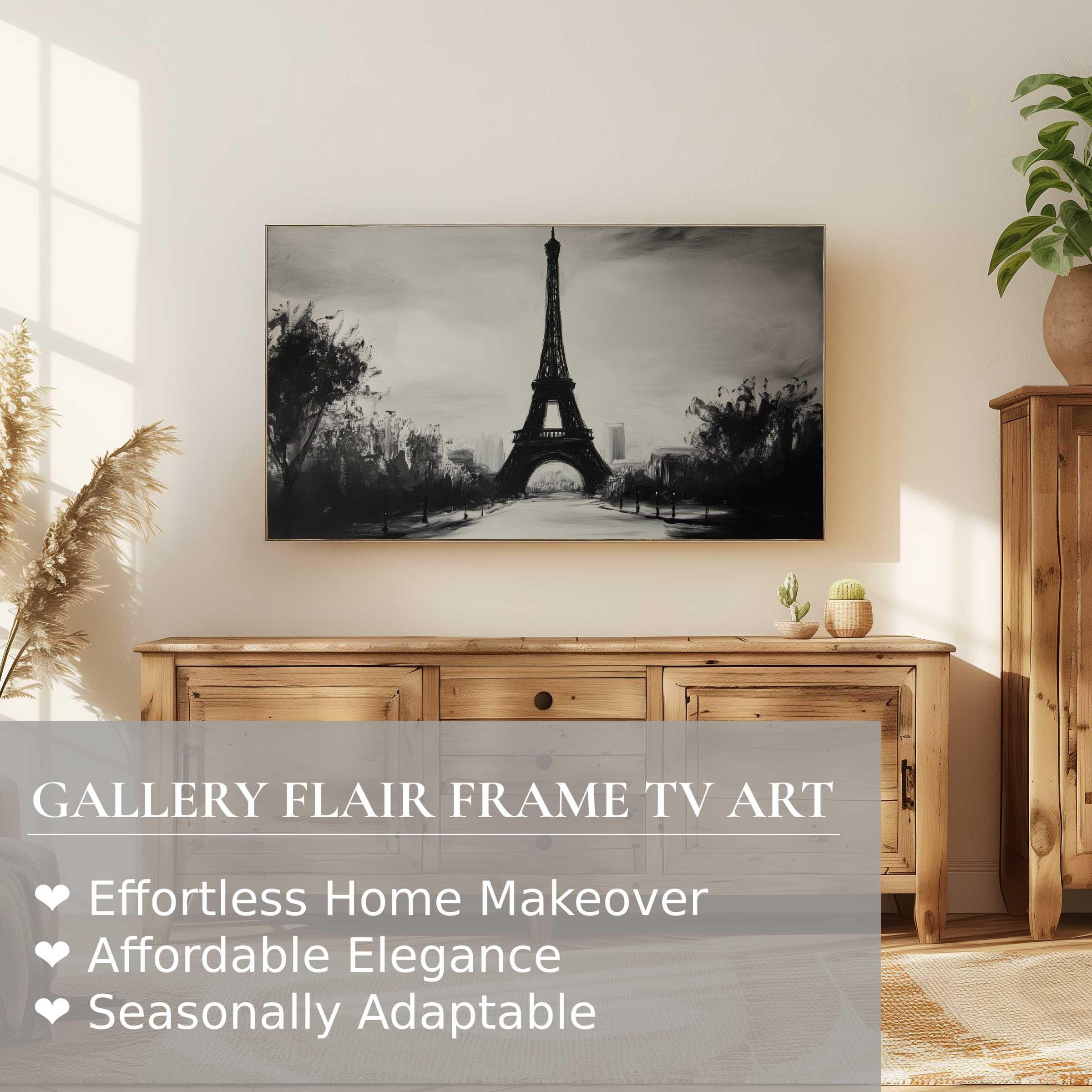 Samsung Frame TV displays black and white digital artwork of the Eiffel Tower in a chic, modern living space