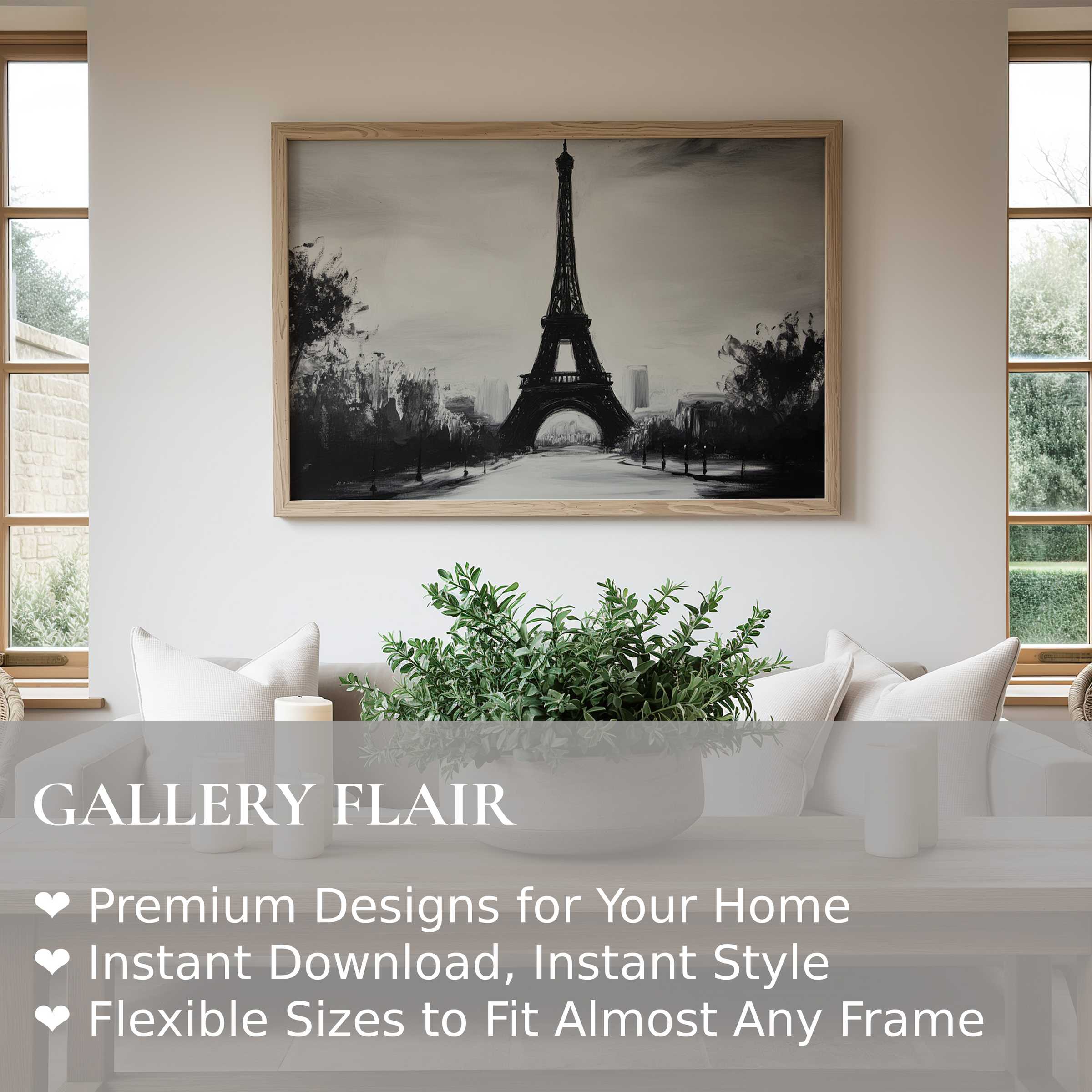 Black and white wall art print of the Eiffel Tower exudes bold, timeless elegance in a minimalist modern living room, enhancing serene ambiance