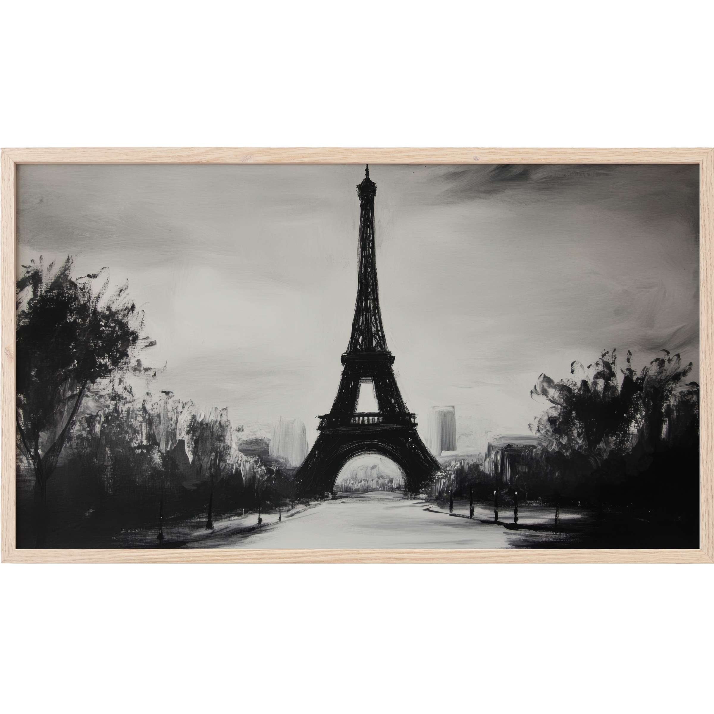 Elegant black and white Frame TV Art featuring a moody Parisian skyline with the Eiffel Tower centerpiece