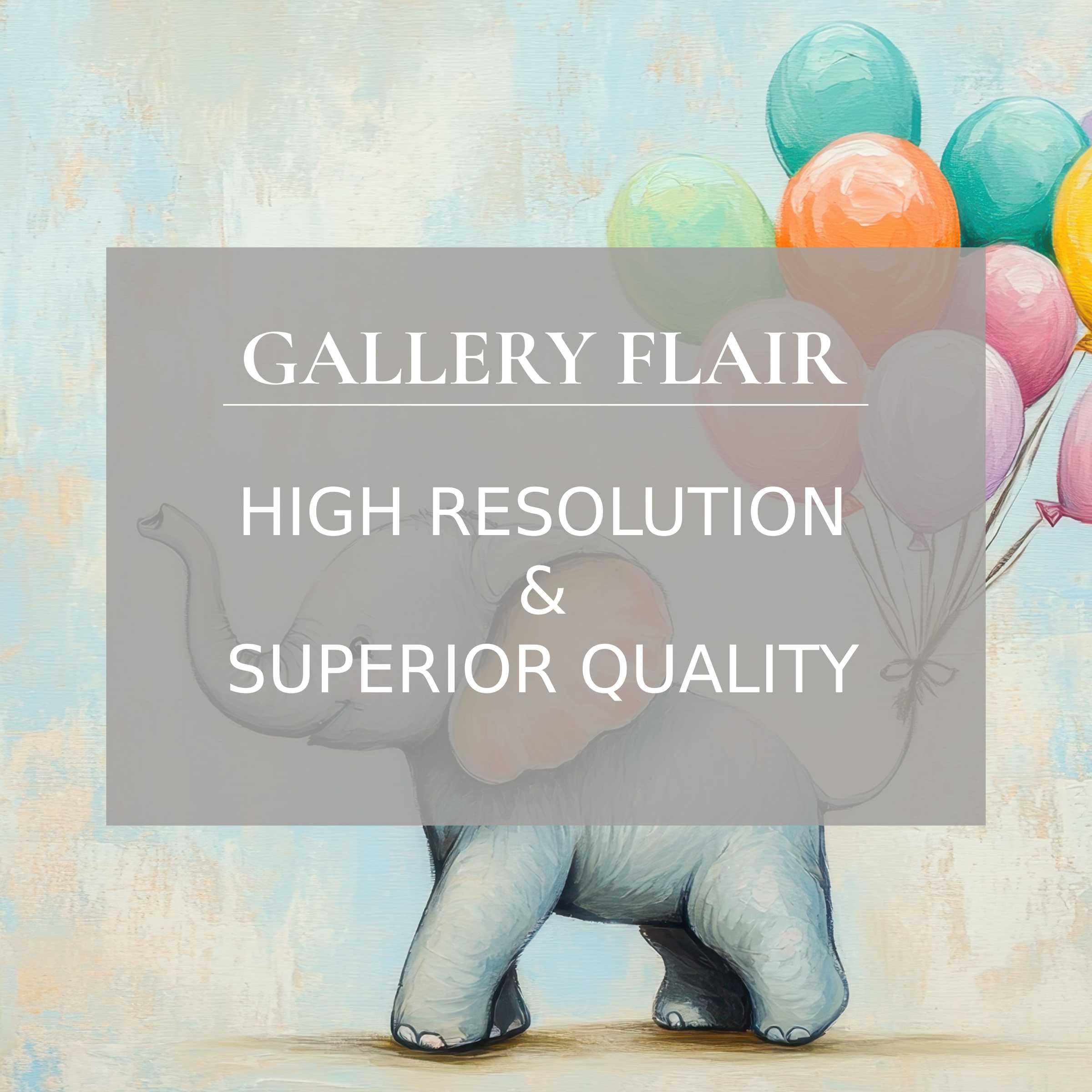 Charming nursery printable art featuring a whimsical elephant with vibrant balloons, radiating a joyful, serene ambiance with exquisite detail to enhance modern baby room decor
