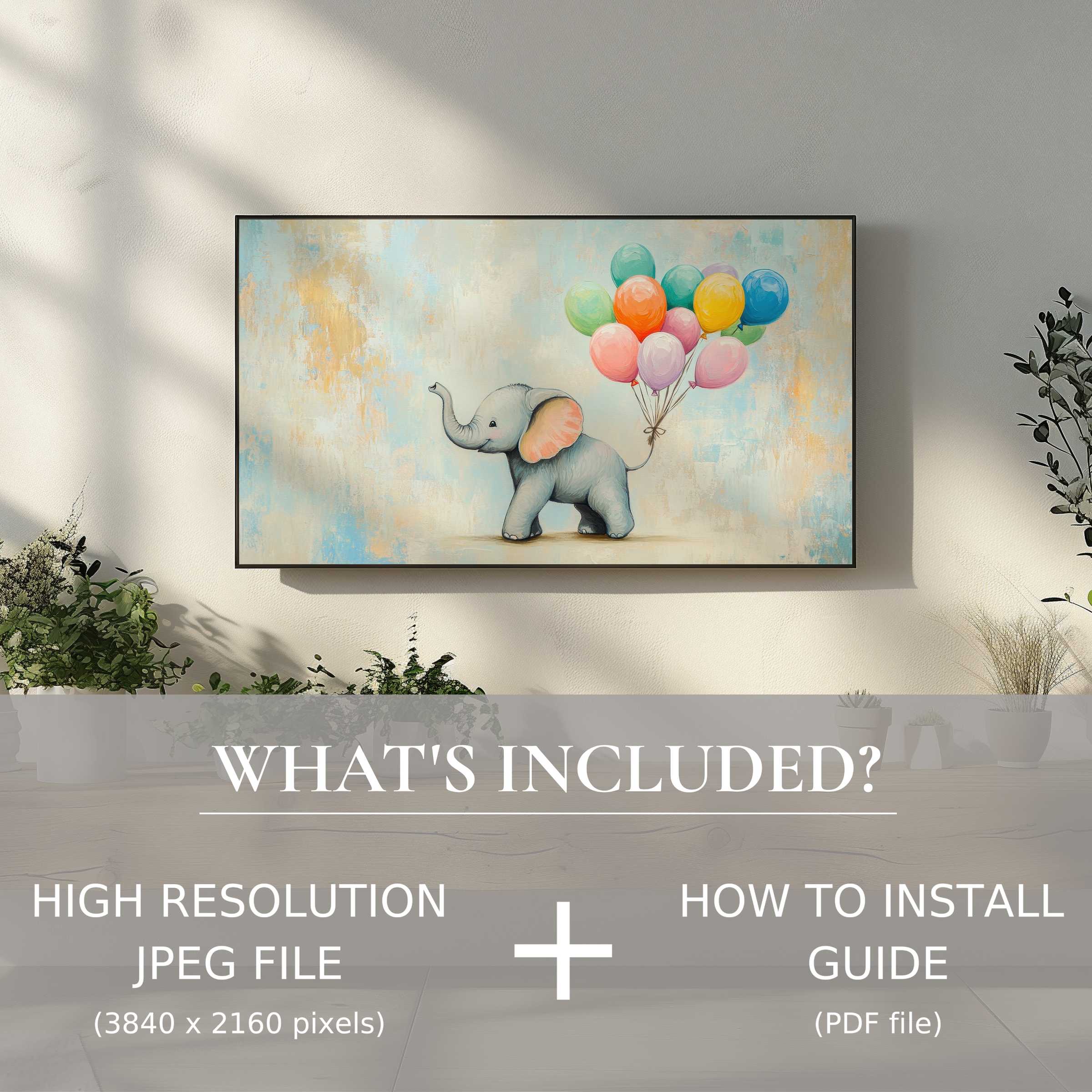 Nursery digital TV art download: charming elephant print, easy digital use, adds modern elegance to stylish living spaces