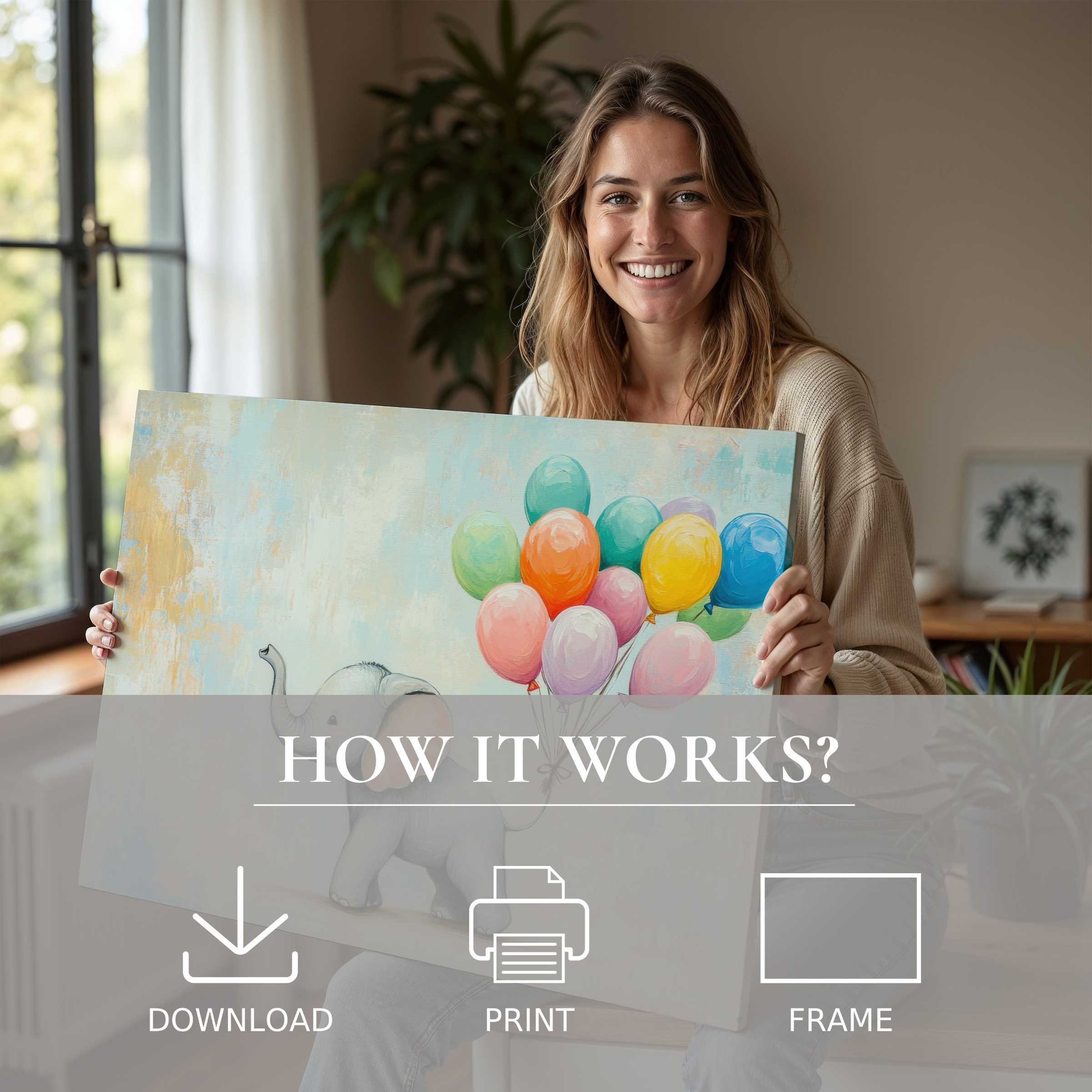 A radiant moment of joy as a woman embraces a nursery digital art print featuring whimsical balloons, evoking warmth and effortless elegance in refined modern living