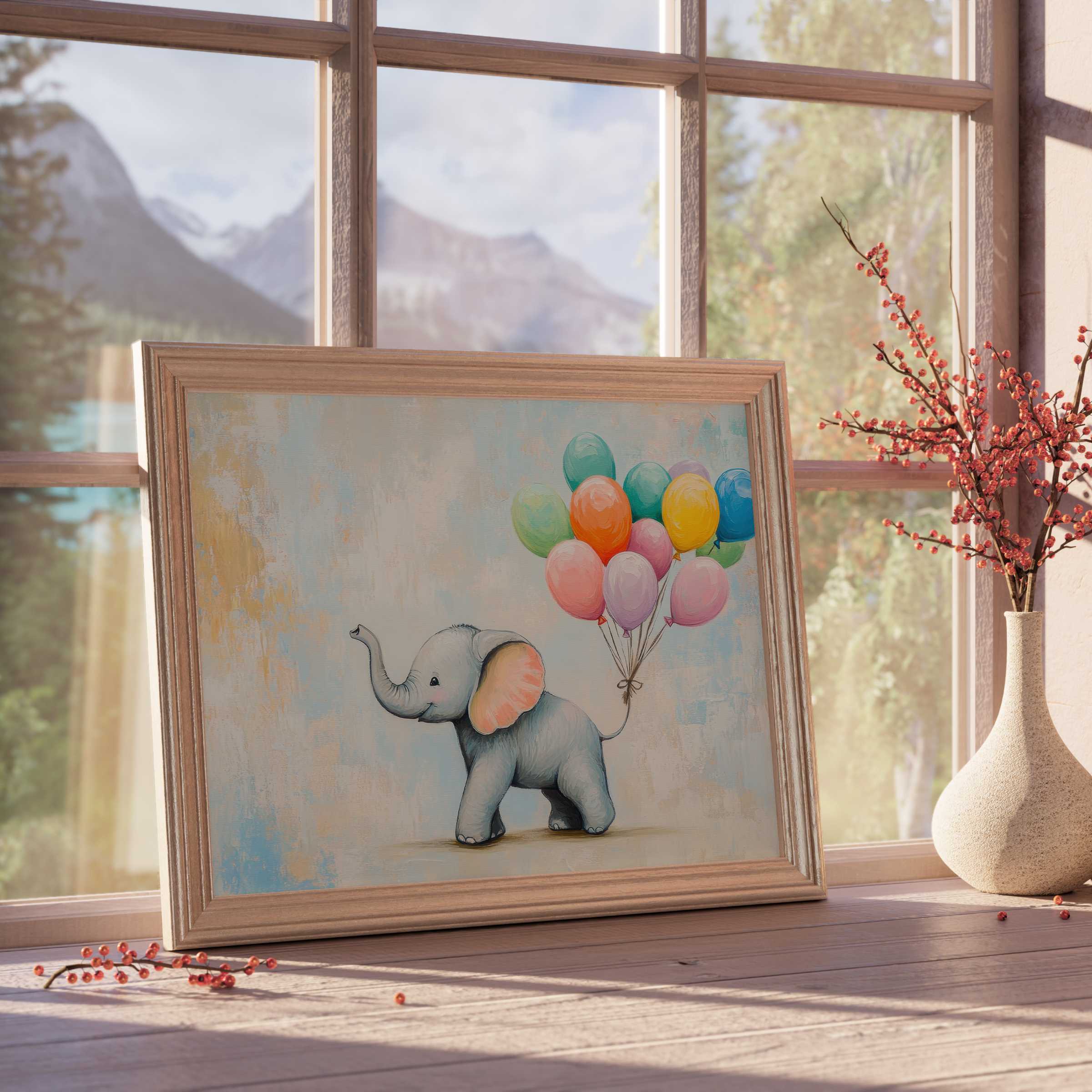 Nursery downloadable art featuring a playful baby elephant with colorful balloons, radiating calm charm to elevate chic nursery decor