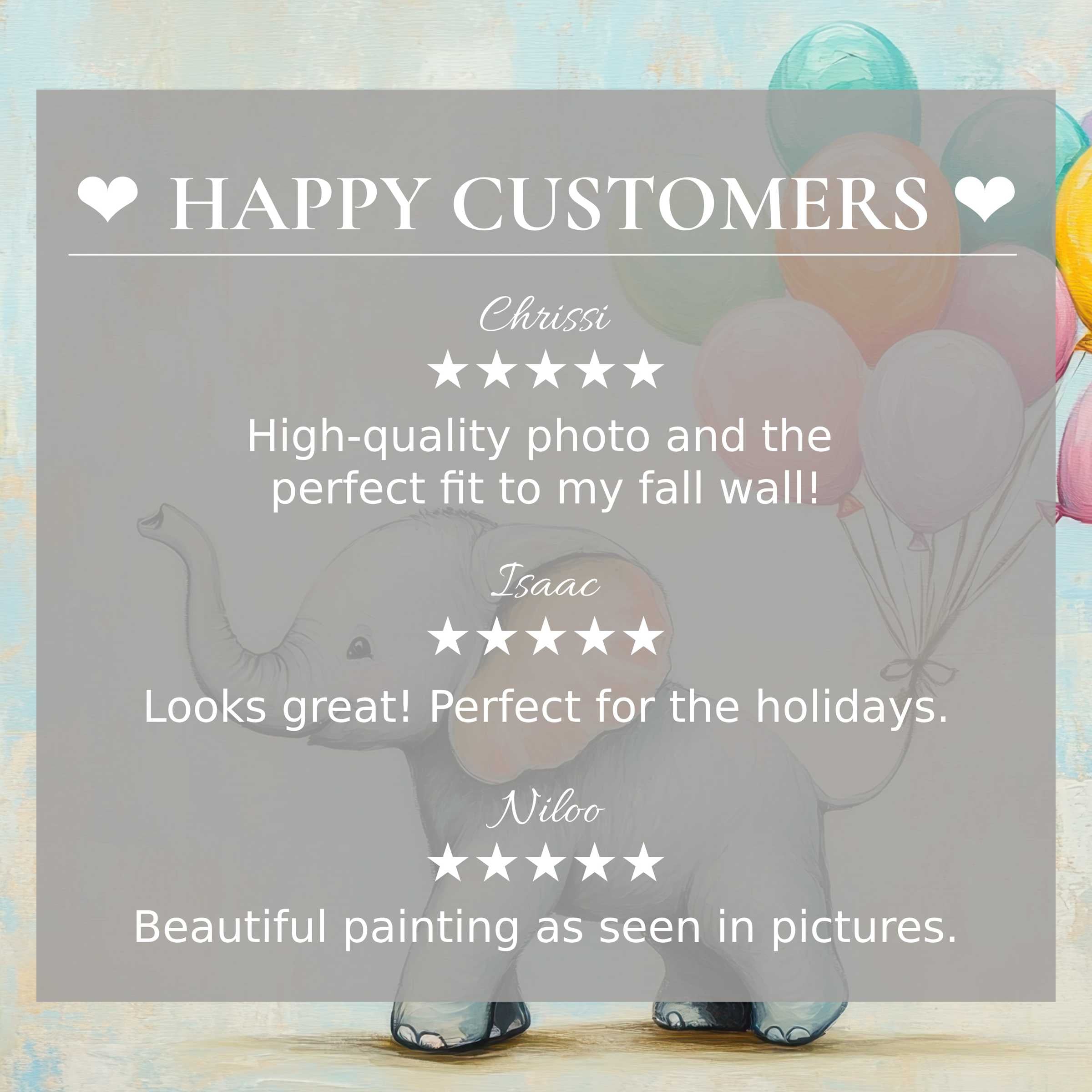Nursery art for Frame TV with pastel balloon elephant, happy customer reviews convey trust and refined elegance