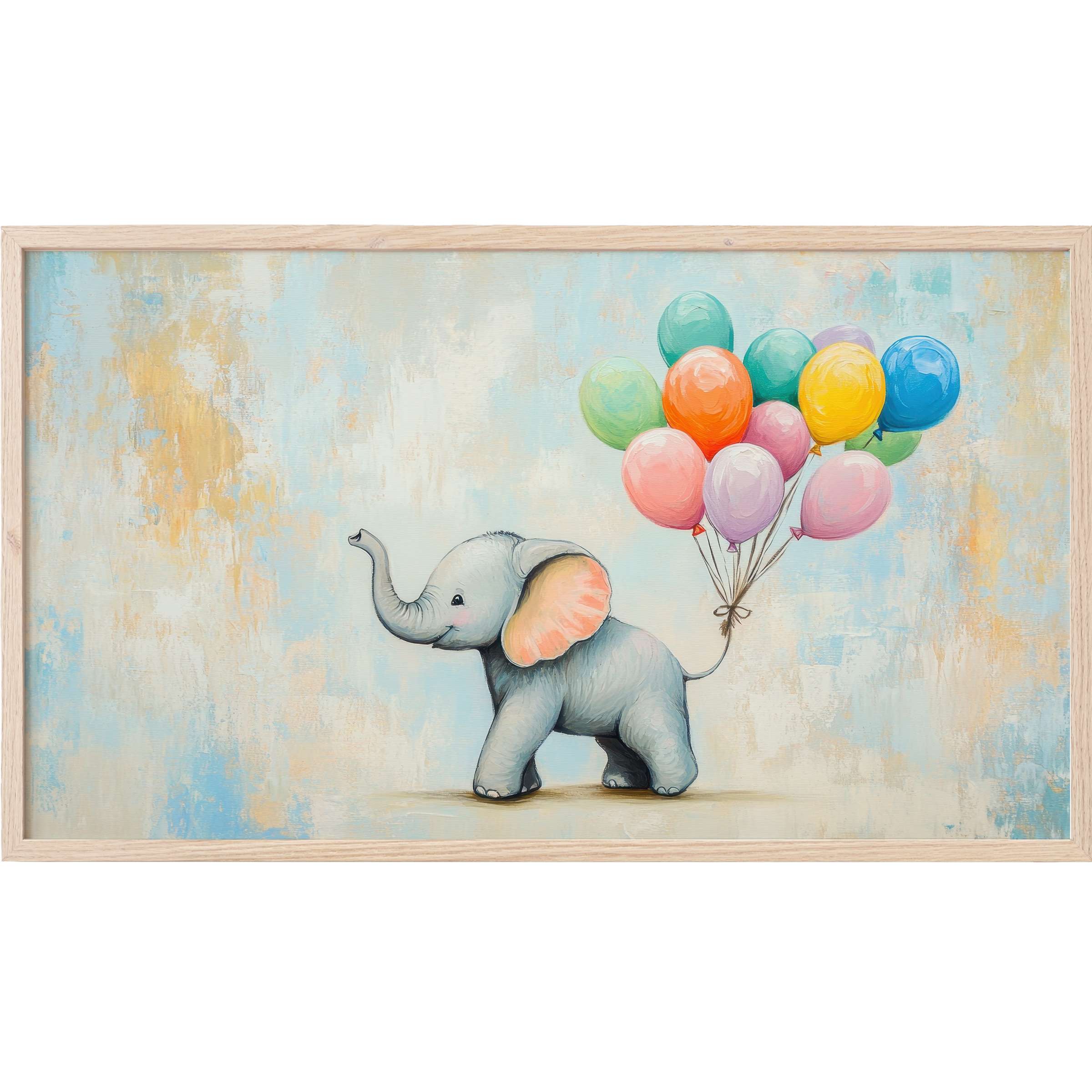 Whimsical baby elephant with colorful balloons on a textured pastel backdrop, a charming nursery Frame TV Art