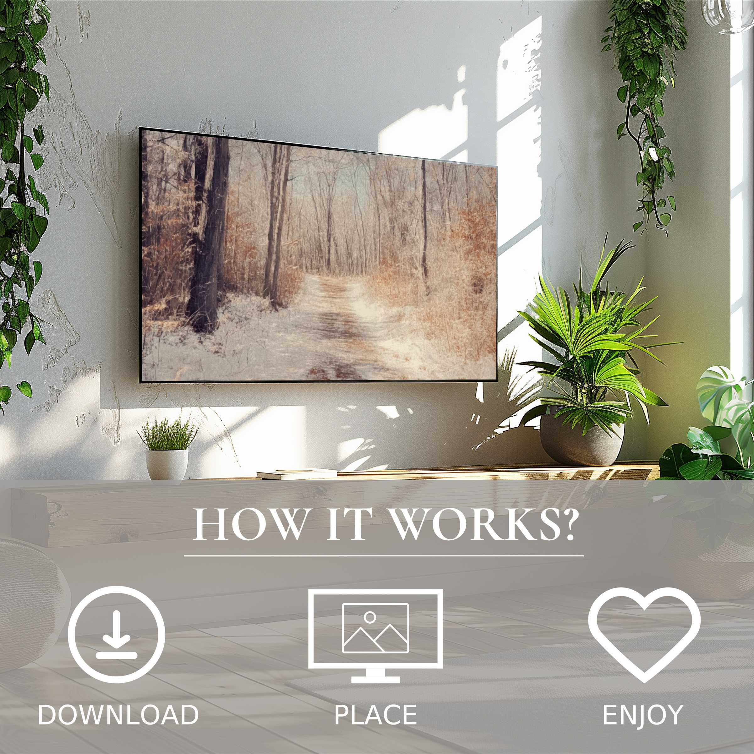 Tree art for Samsung TV shows soft winter tones on The Frame; easy digital download enriches any modern space