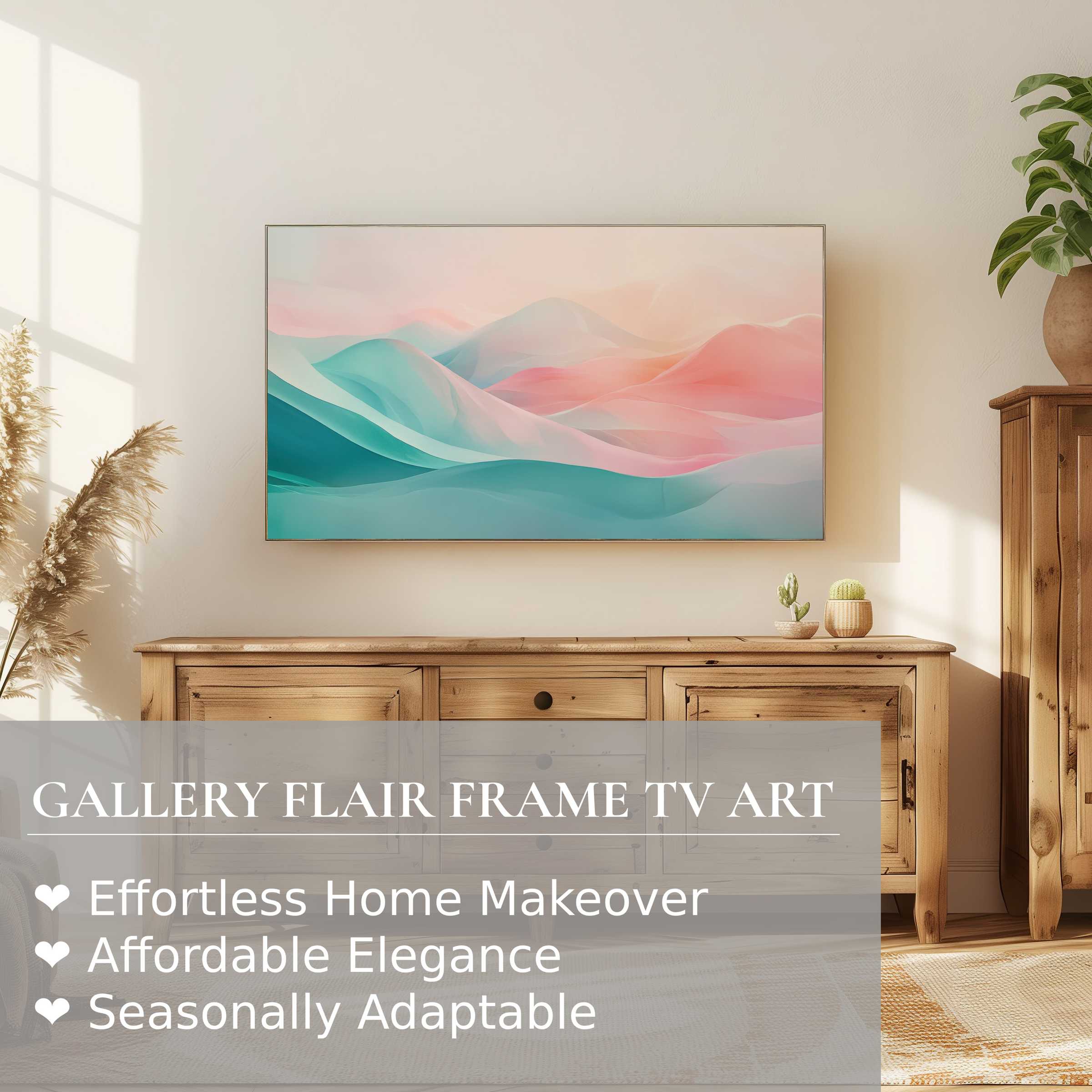 Samsung Frame TV displays modern digital artwork with soft pastels in a chic, serene living space for refined decor