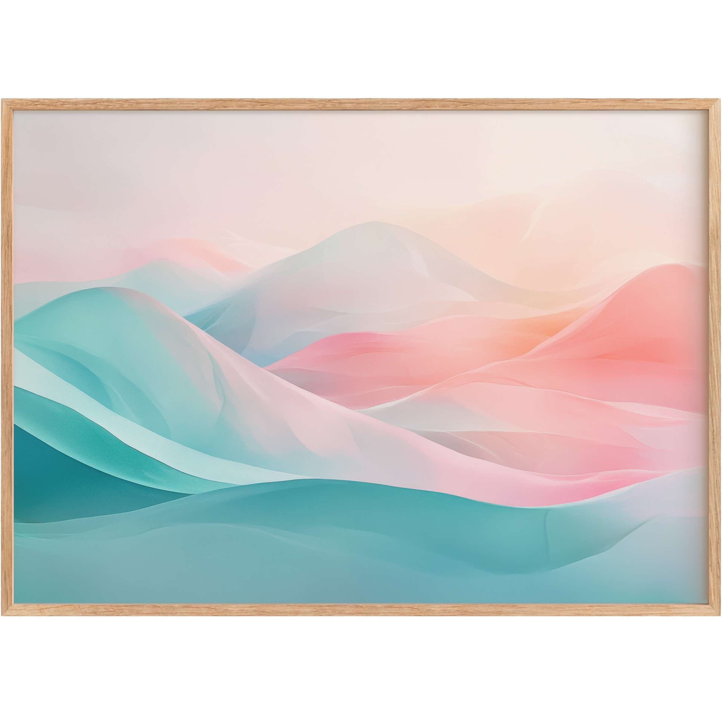 Modern printable wall art featuring soft aqua and blush pink waves, creating a serene, ethereal ambiance that elevates elegant interiors