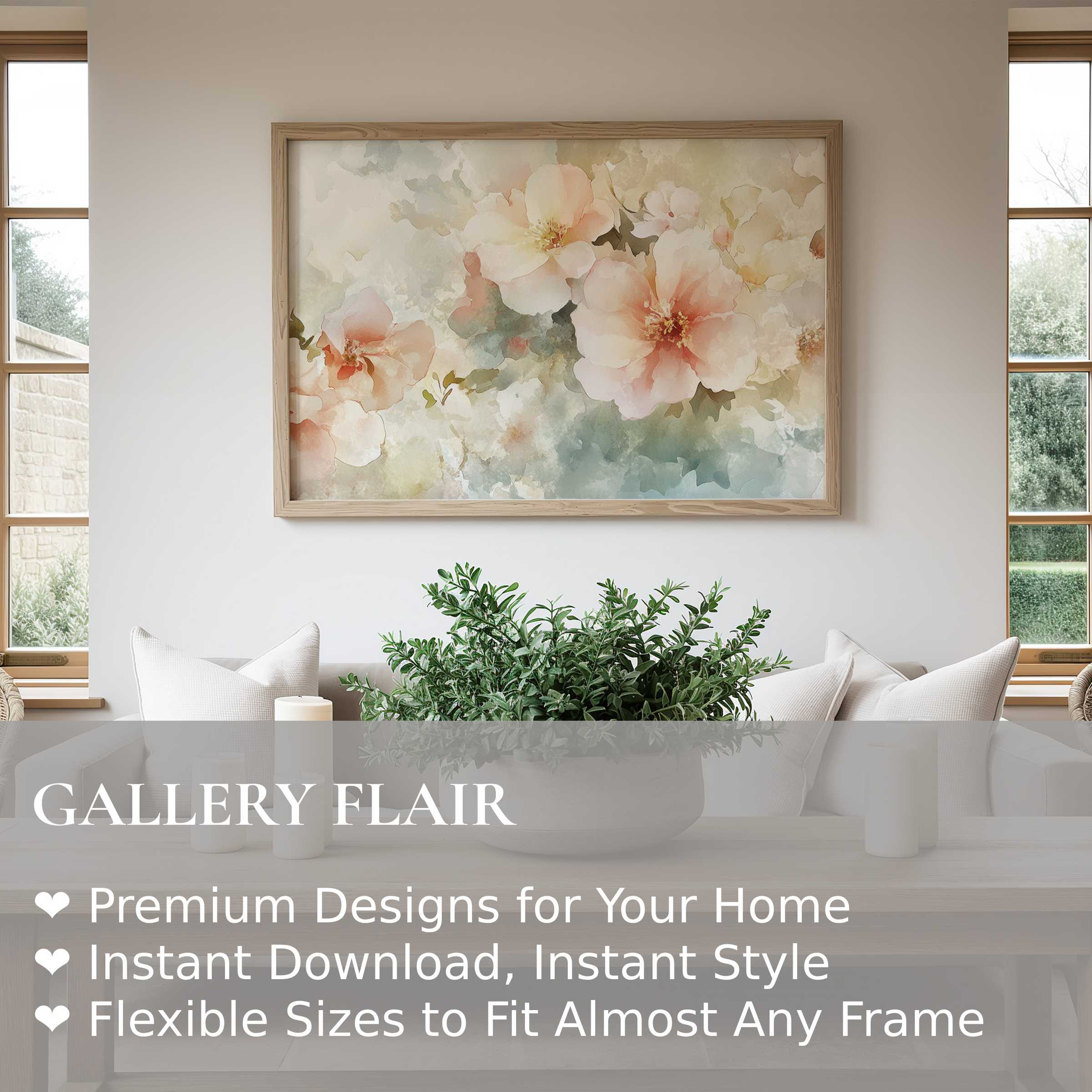 Elegant floral wall art print with soft peach blooms and calming watercolor hues, enhancing modern minimalist interiors