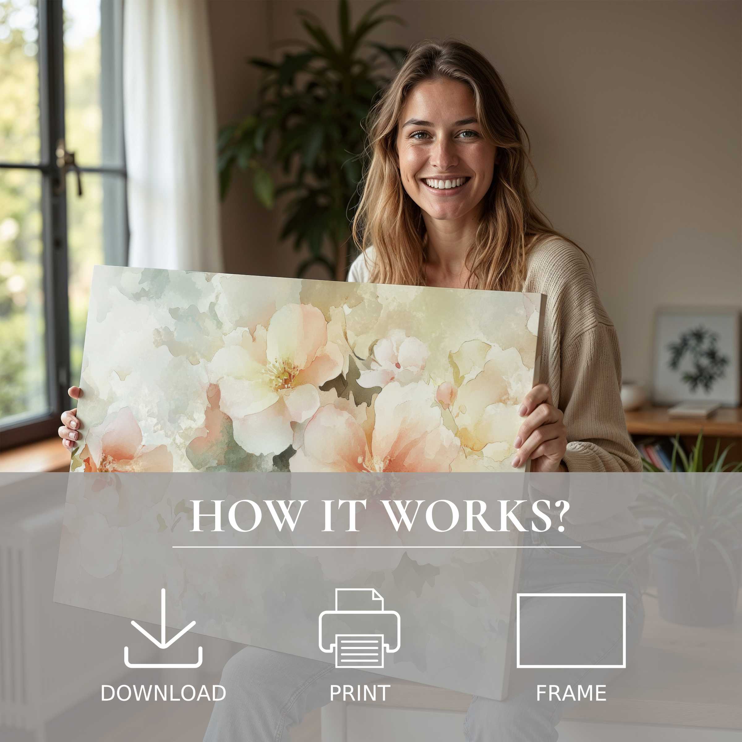 Radiant woman in a sunlit modern home embraces a delicate floral digital art print, embodying joy and effortless elegance