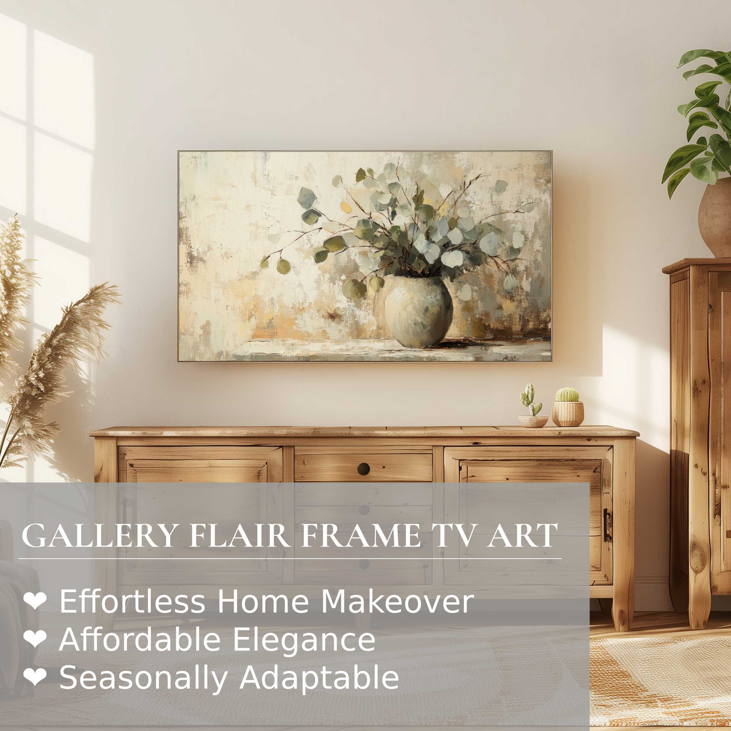 Modern living room with warm wood, Samsung Frame TV showcasing botanical digital artwork in soft, muted tones