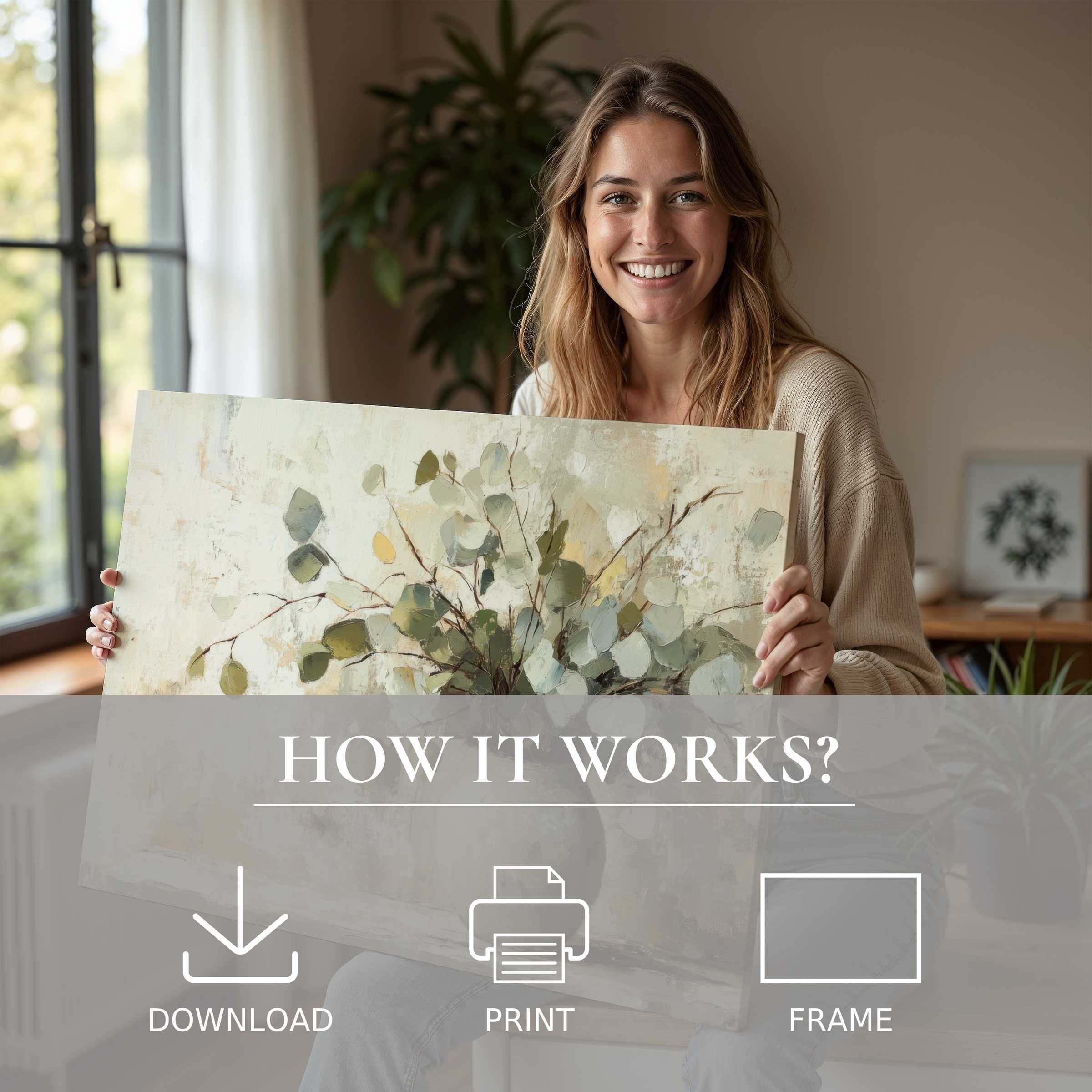 A joyful moment embracing botanical digital art print beauty, enhancing serene living spaces with effortless elegance