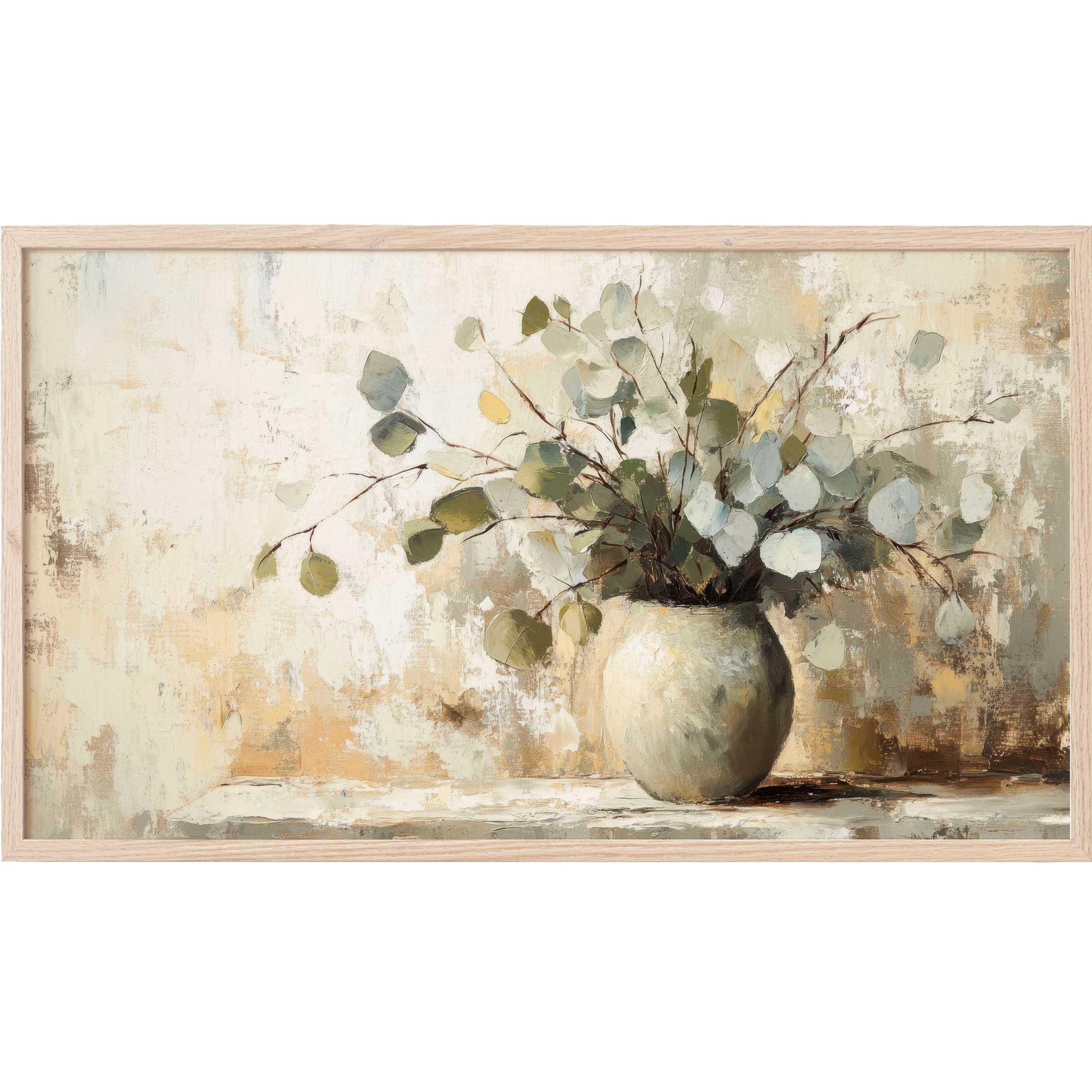 Soft botanical Frame TV Art featuring muted greens and creams in a textured, modern natural still life
