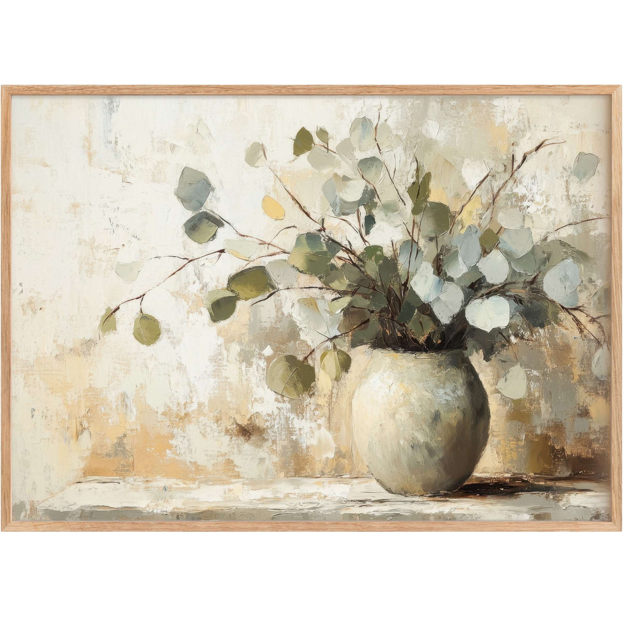 Botanical printable wall art featuring soft green eucalyptus in a textured cream vase, evoking serene and timeless elegance