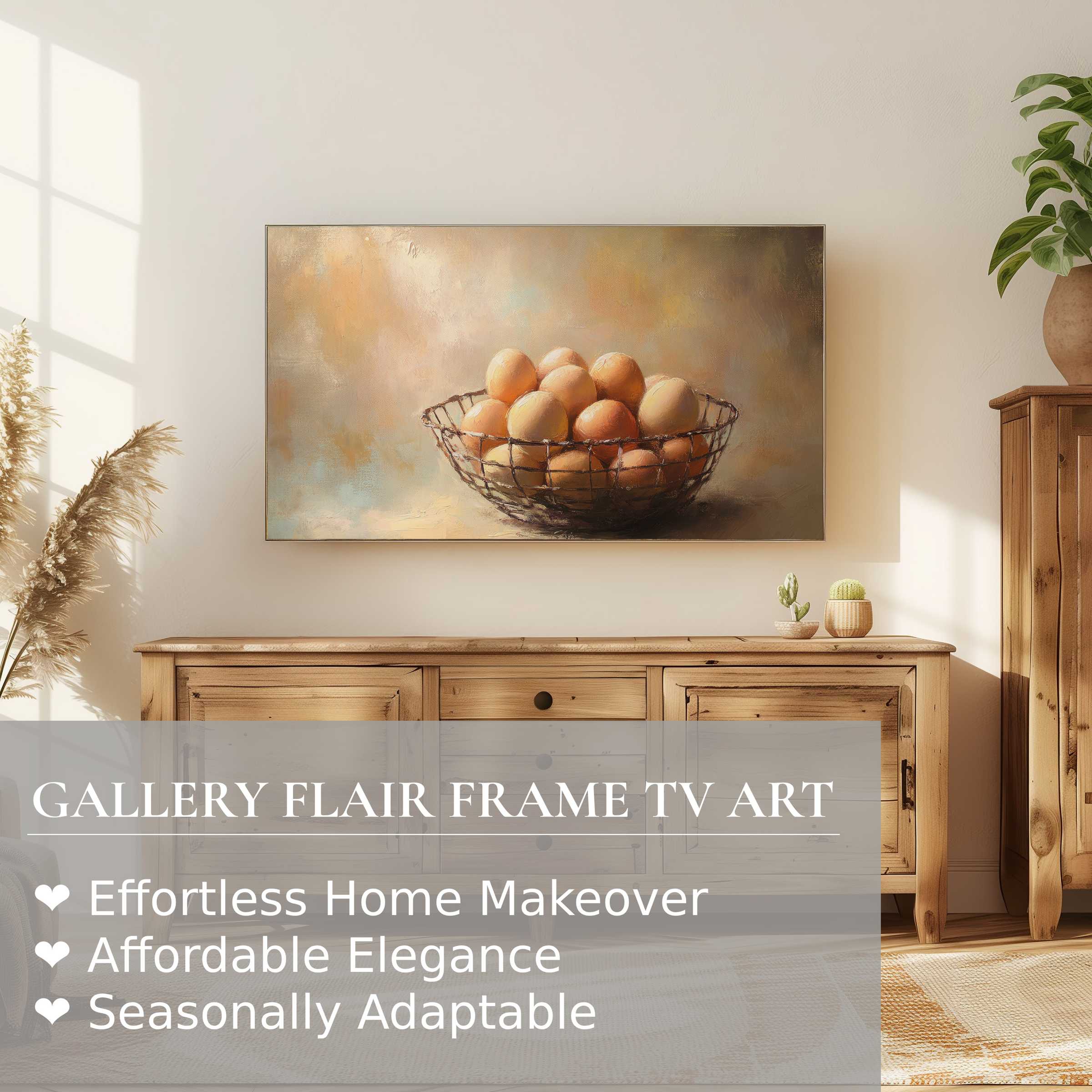 Samsung Frame TV displaying farmhouse digital artwork of eggs in a wire basket, blending rustic charm with modern elegance