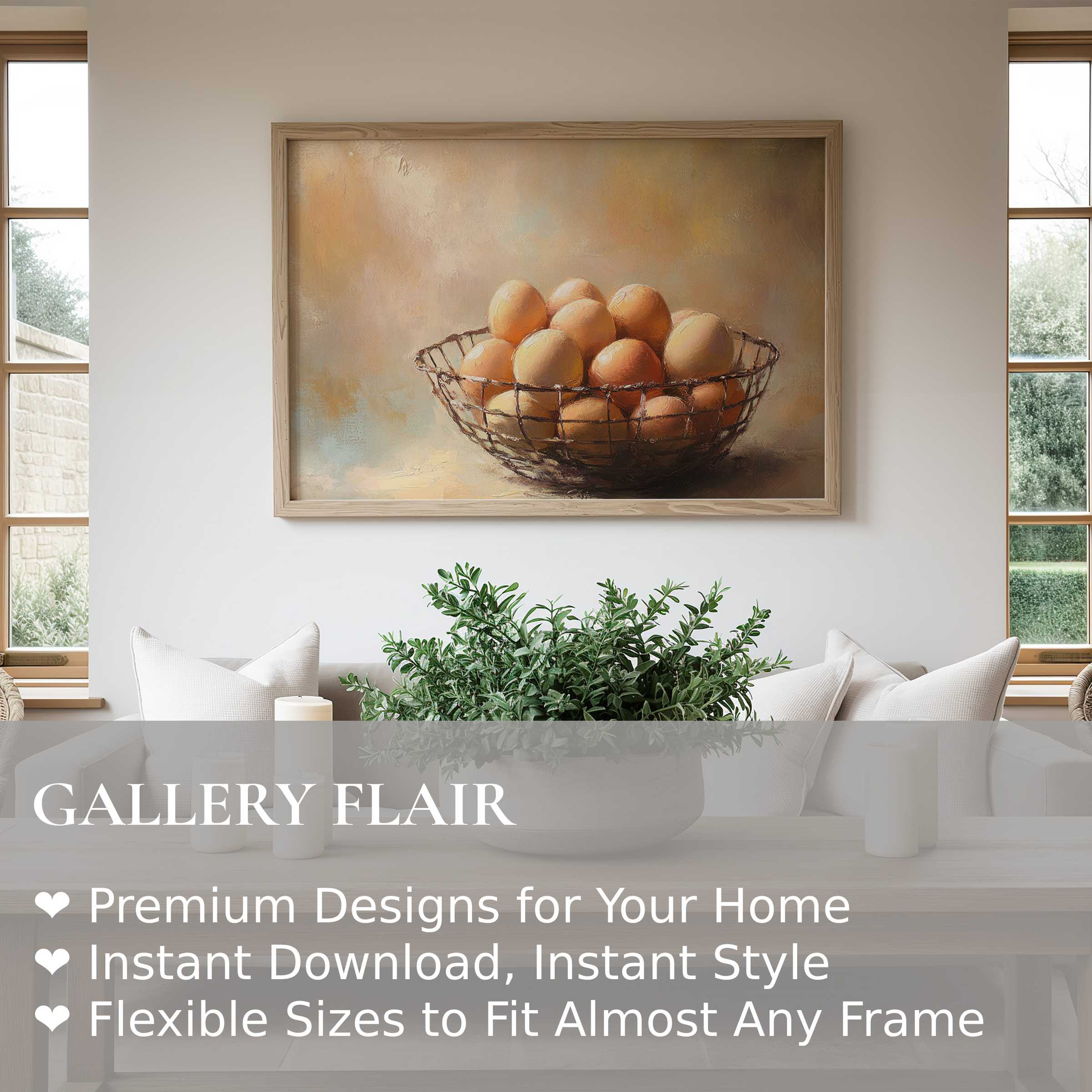 Farmhouse wall art print featuring a soft, rustic basket of eggs, enhancing modern country decor with warm, calming tones