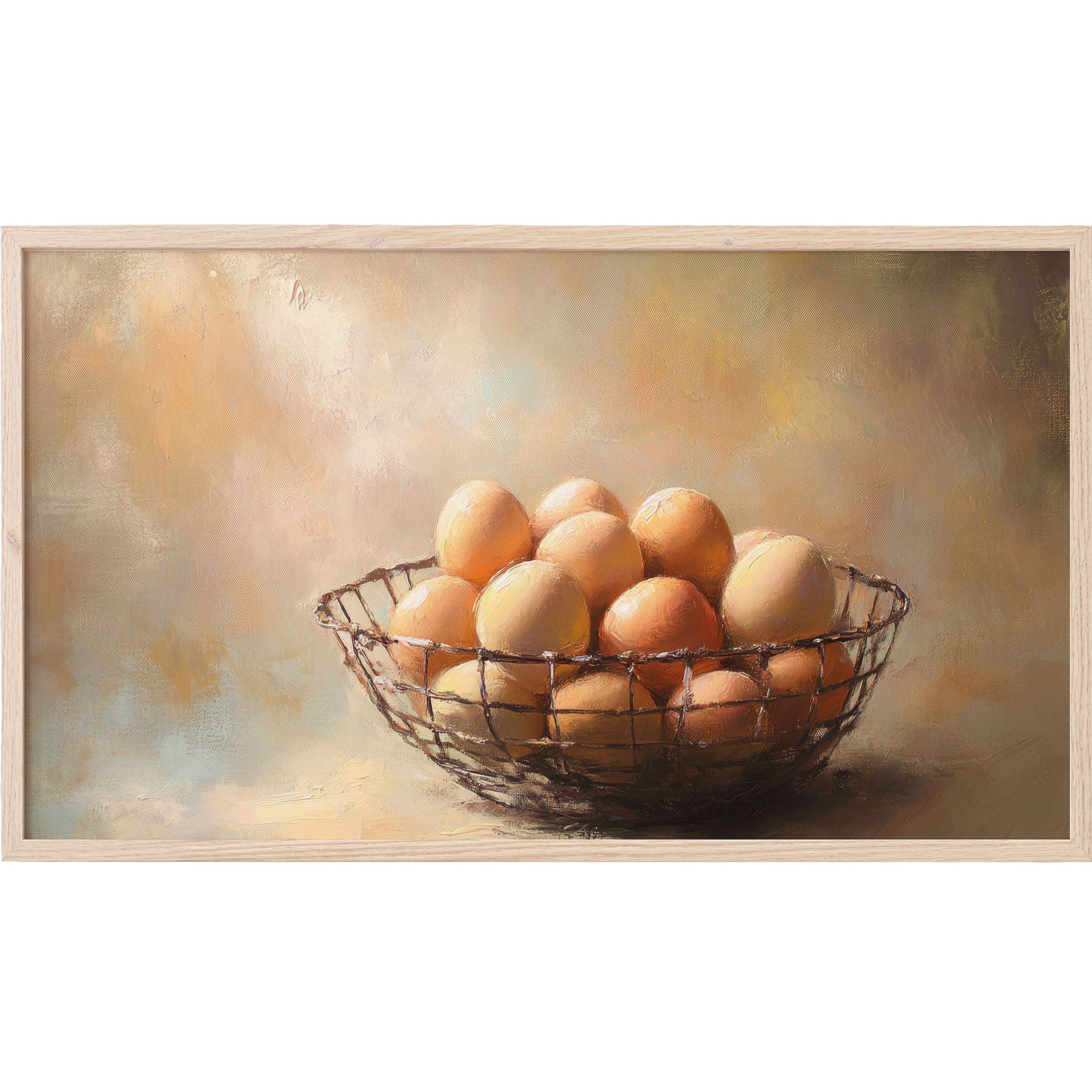 Farmhouse Frame TV Art with warm, earthy tones captures rustic charm and soft light in a wire basket of eggs