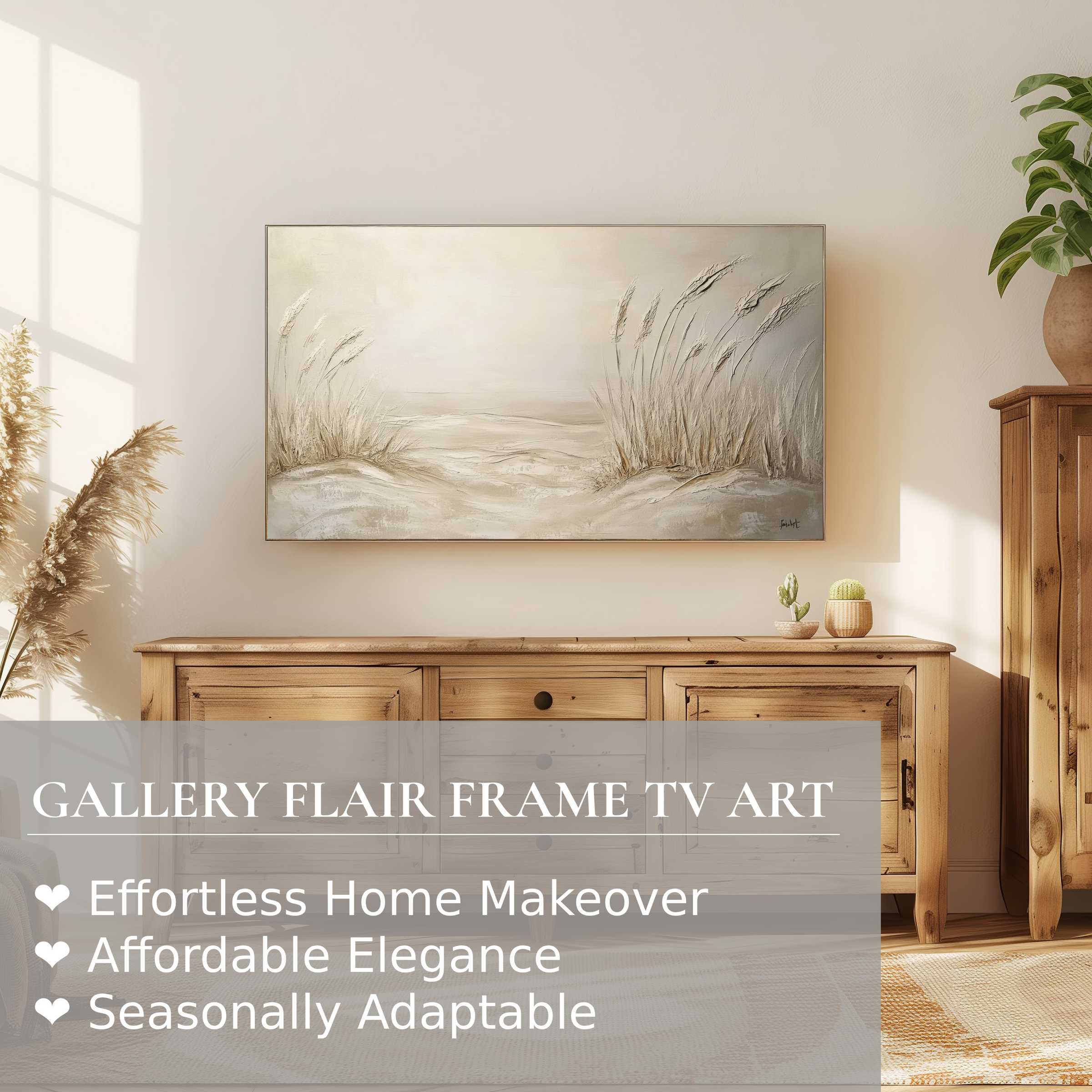 Samsung Frame TV displaying serene coastal digital artwork in a sunlit, natural wood-furnished modern living space